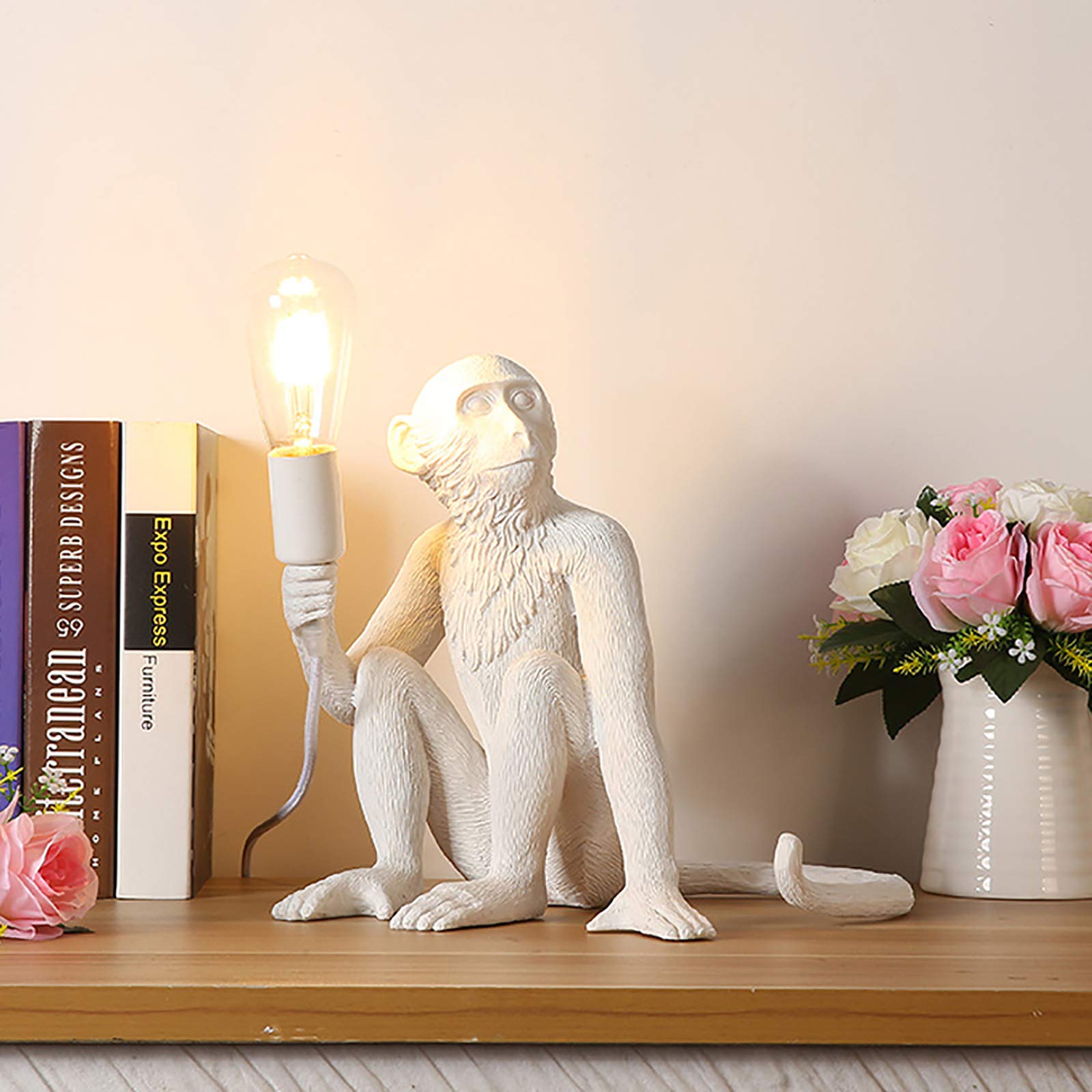 Huashuani Monkey Desk Lamp, Bedside Monkey Statue Light, Creative Resin Table Light Lighting Fixture For Bedroom, Kids Room, Din