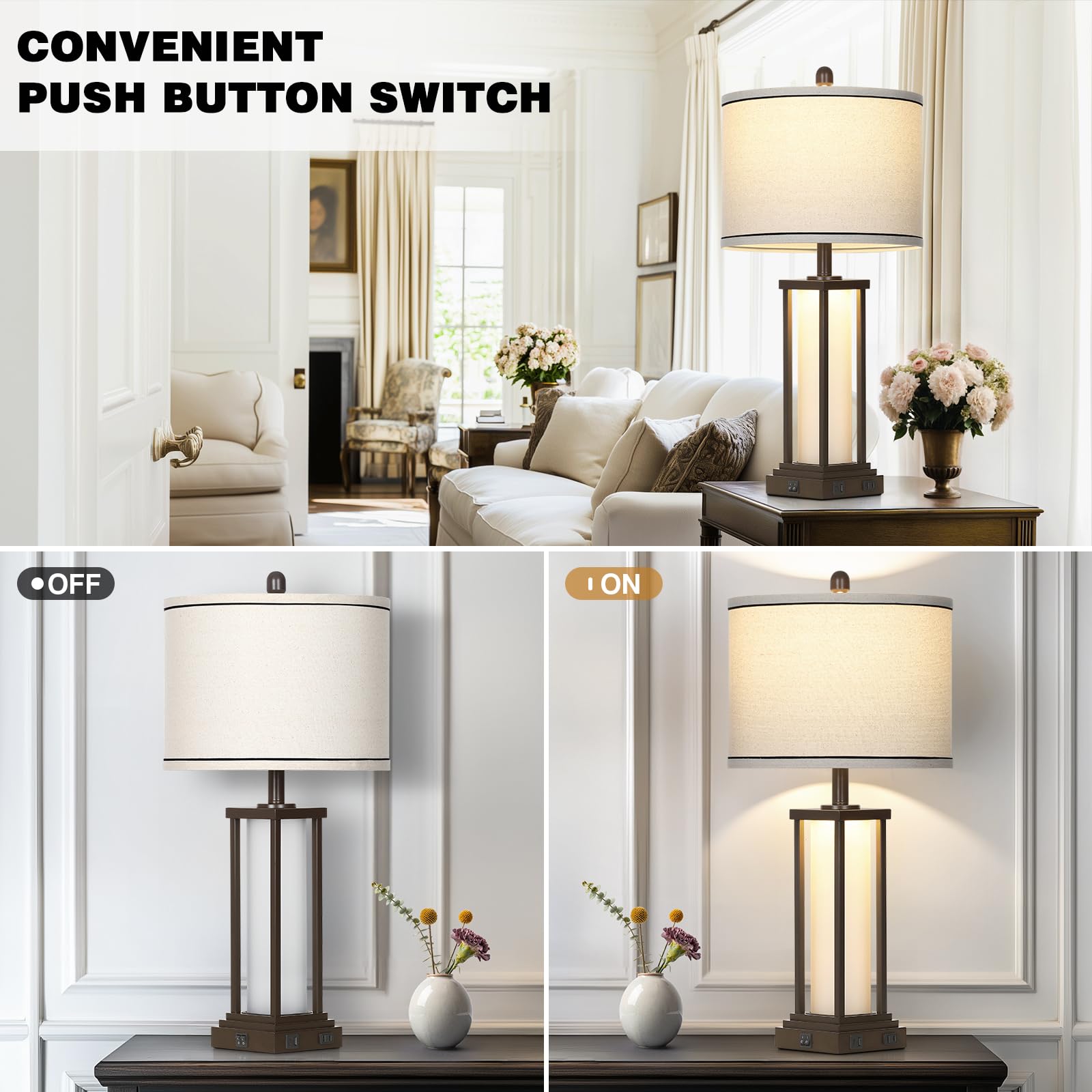 Cinkeda Vintage Table Lamps Set of 2, 27" Tall, Oil-Rubbed Bronze, USB & Outlet, Frosted Glass, Rustic Bedside Lighting for Living Room