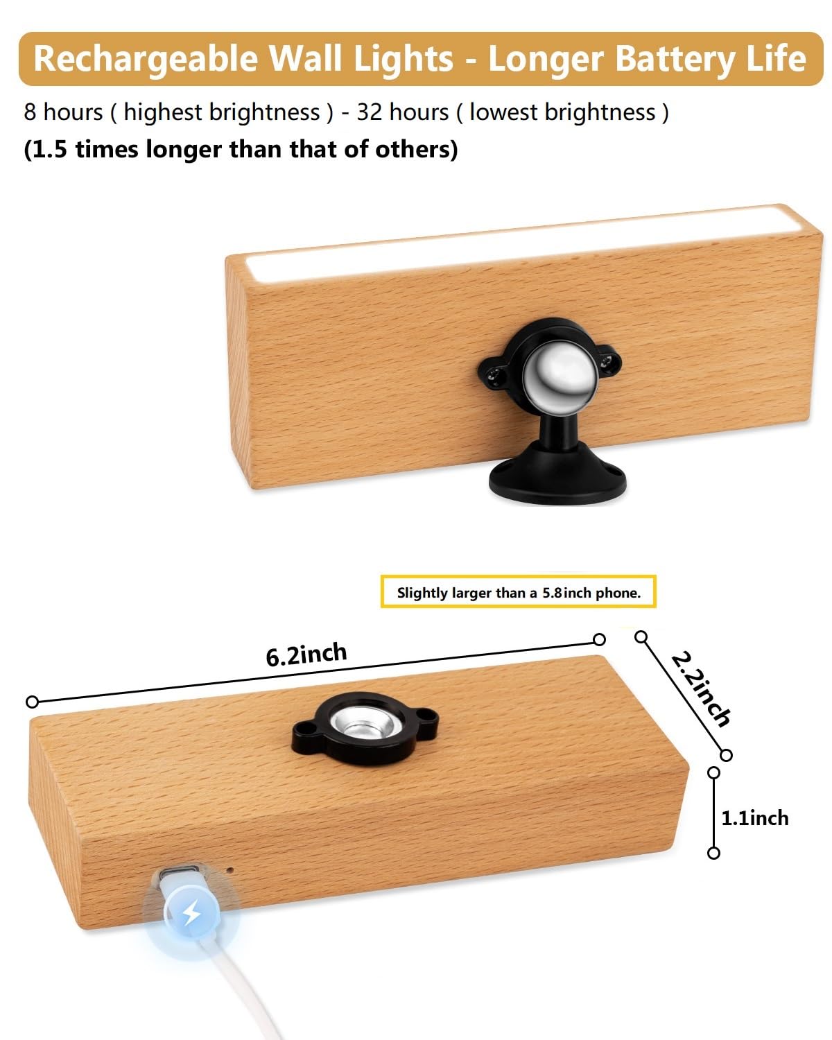 MICEYLIVE Wall Sconces Set of 2 - Wireless Rechargeable Wooden Lights, Stepless Dimming, Battery Operated, Model BD03W