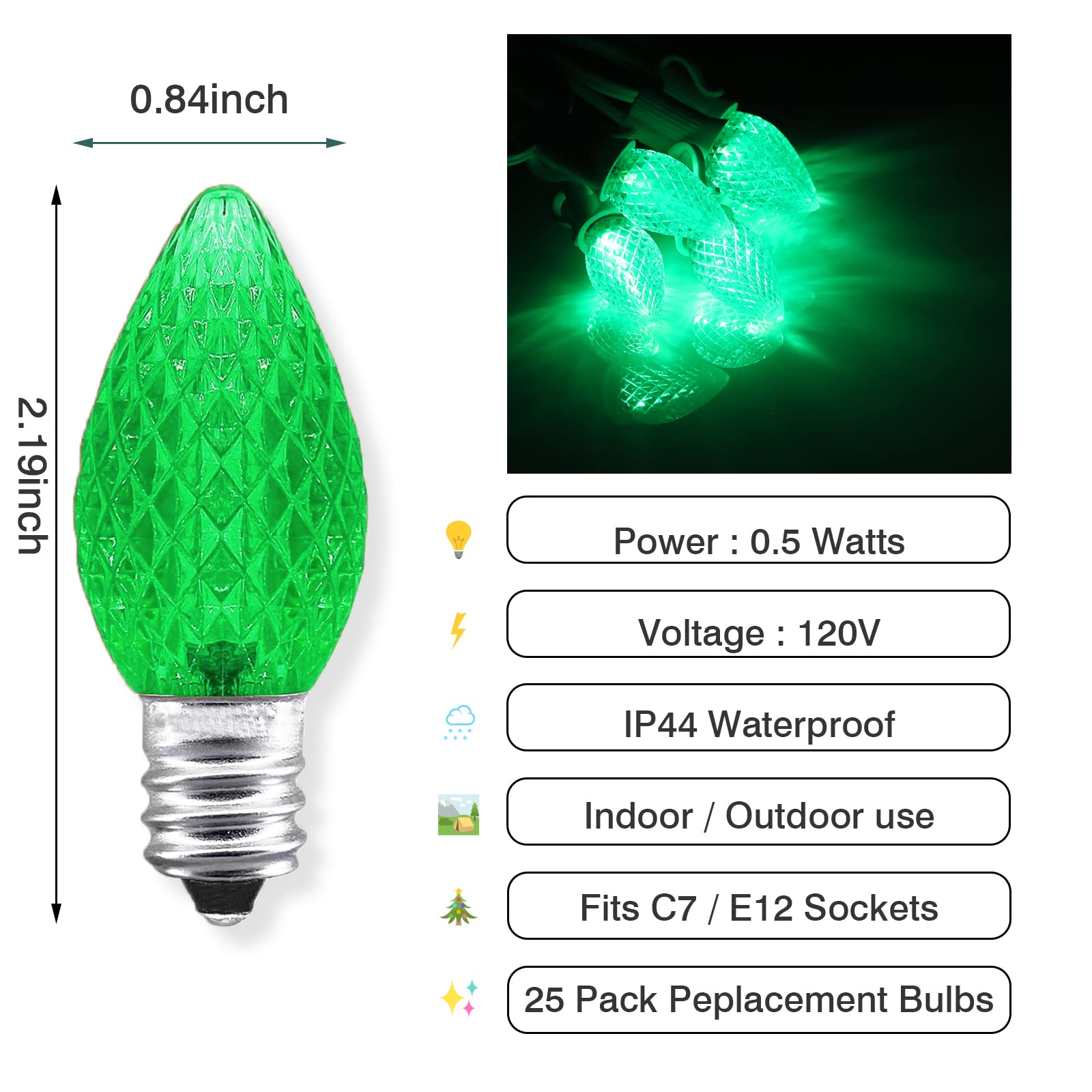 Aniai C7 LED Christmas Light Bulbs - 25 Count, E12 Base, Green, Commercial Grade, Plastic