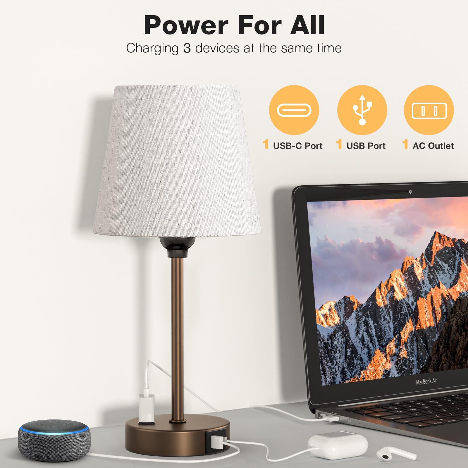 Acaxin Brown Bedside Lamps For Bedrooms Set Of 2 - Nightstand Bedroom Lamp With Usb C Port And Ac Outlet Charging, 3 Way Dimmabl