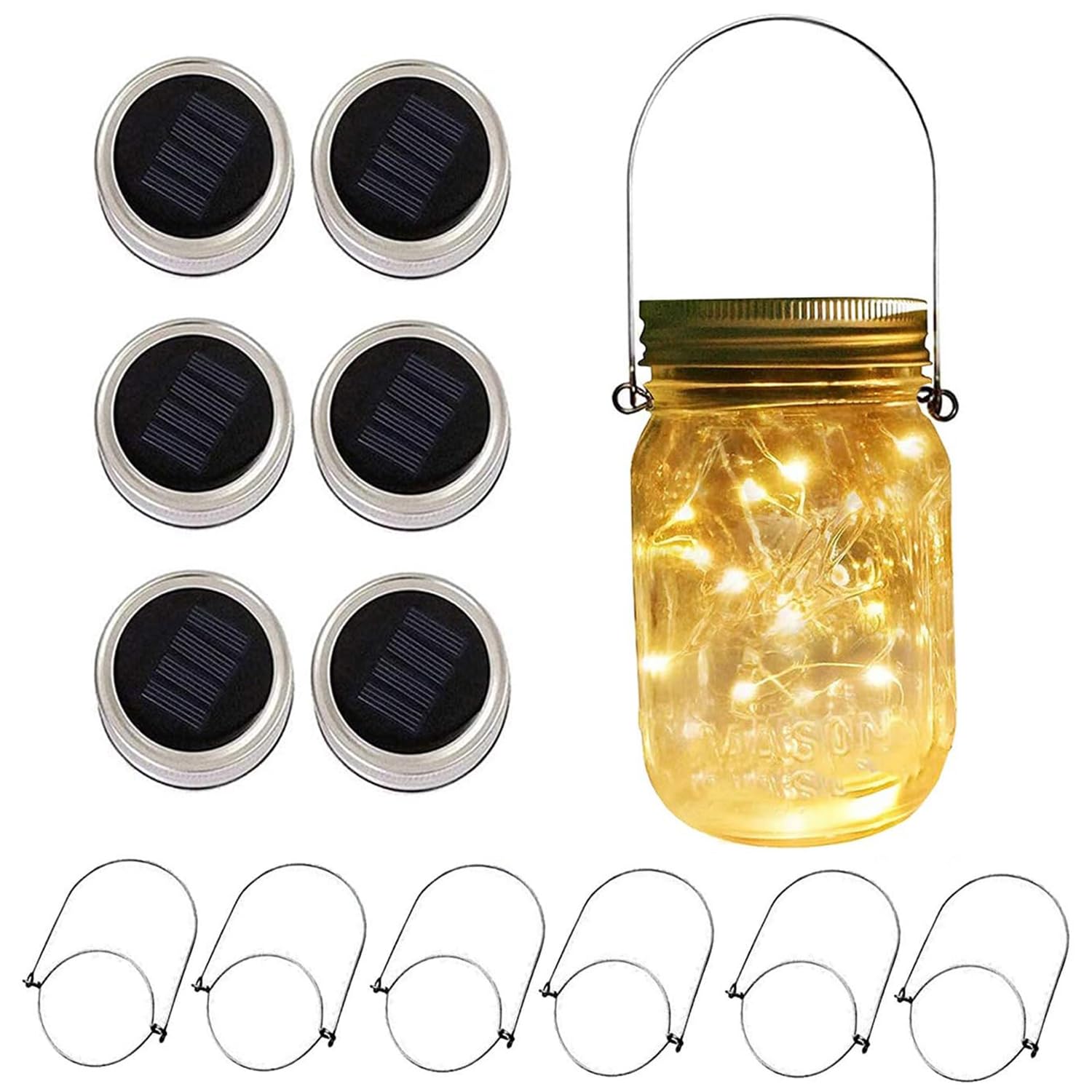 VOOKRY Solar Mason Jar Lights - 30 LED Warm White Fairy Lights, 6 Pack, Outdoor Waterproof for Patio Garden Wedding Decoration