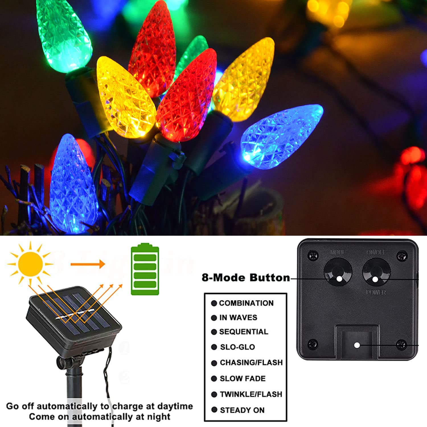 HUGSVIK Solar Christmas Lights, 21Ft 50LED Multicolor, Waterproof, 8 Modes, for Outdoor Tree Wreath Garden Patio, Model 738630406731