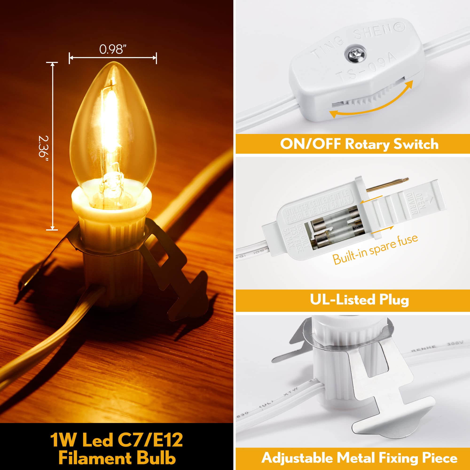 Meonum 8.2 Ft Led Light Cord With 3 Warm White Bulbs For Halloween & Christmas Decor