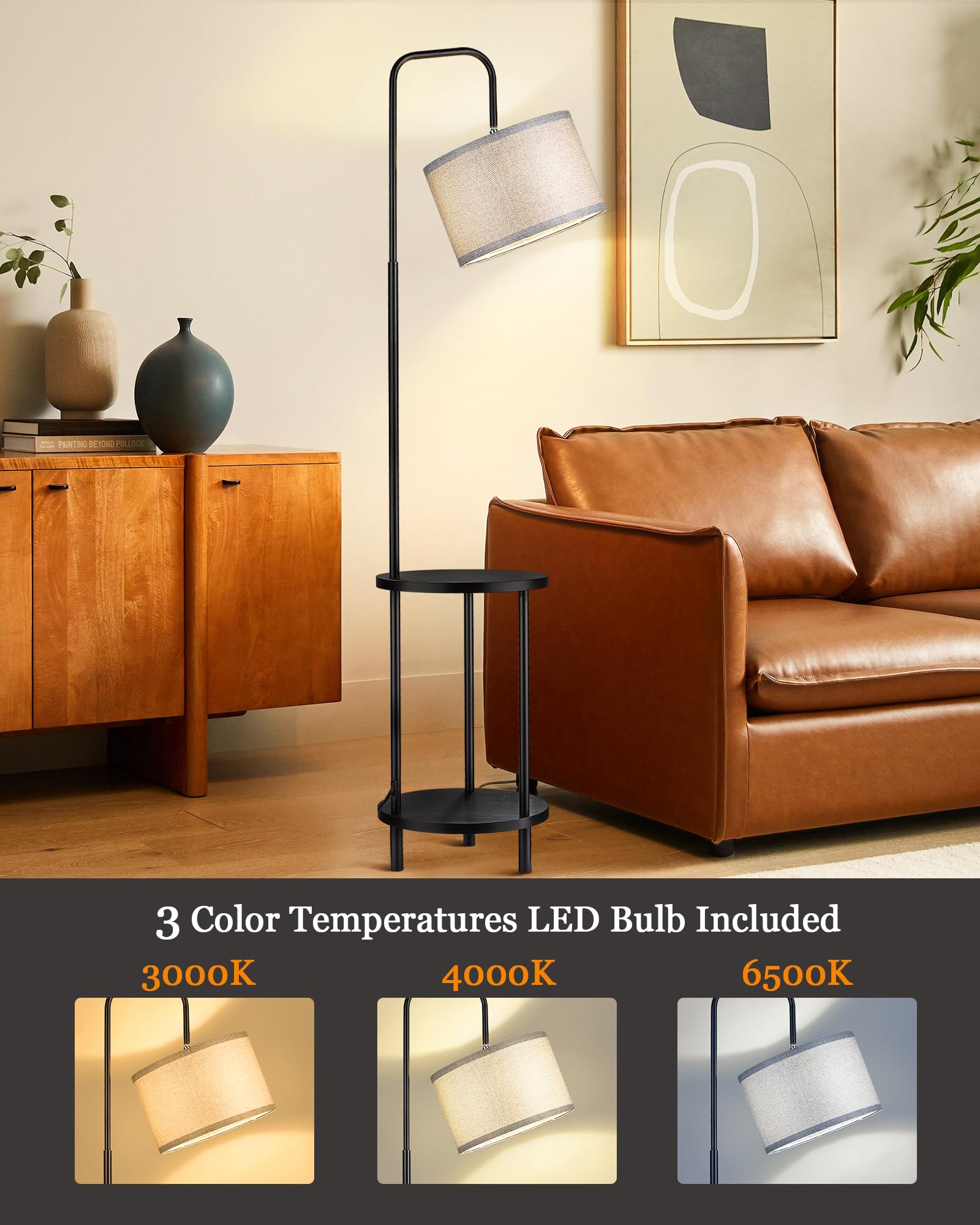 Elyona Modern Floor Lamp For Living Room, Solid Wood Side Table Lamp With Grey Fabric Drum Shade, 3-Color Temperatures End Table