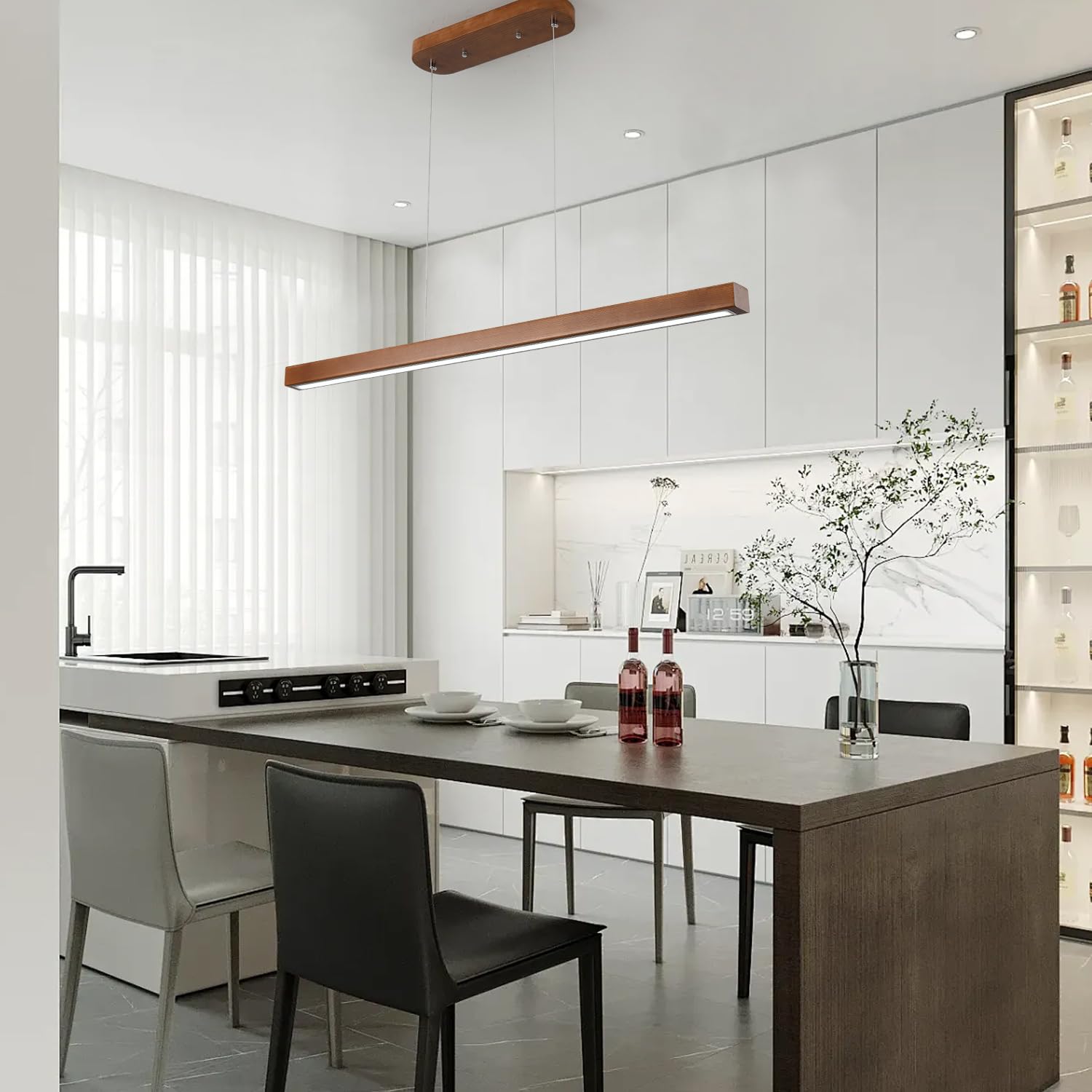 31.5 Wood Linear Pendant Light - Dimmable Led Chandelier With Remote  Adjustable Modern Farmhouse Lighting For Kitchen Islands  Dining Rooms & Bars Walnut Color (19W Energy-Efficient)