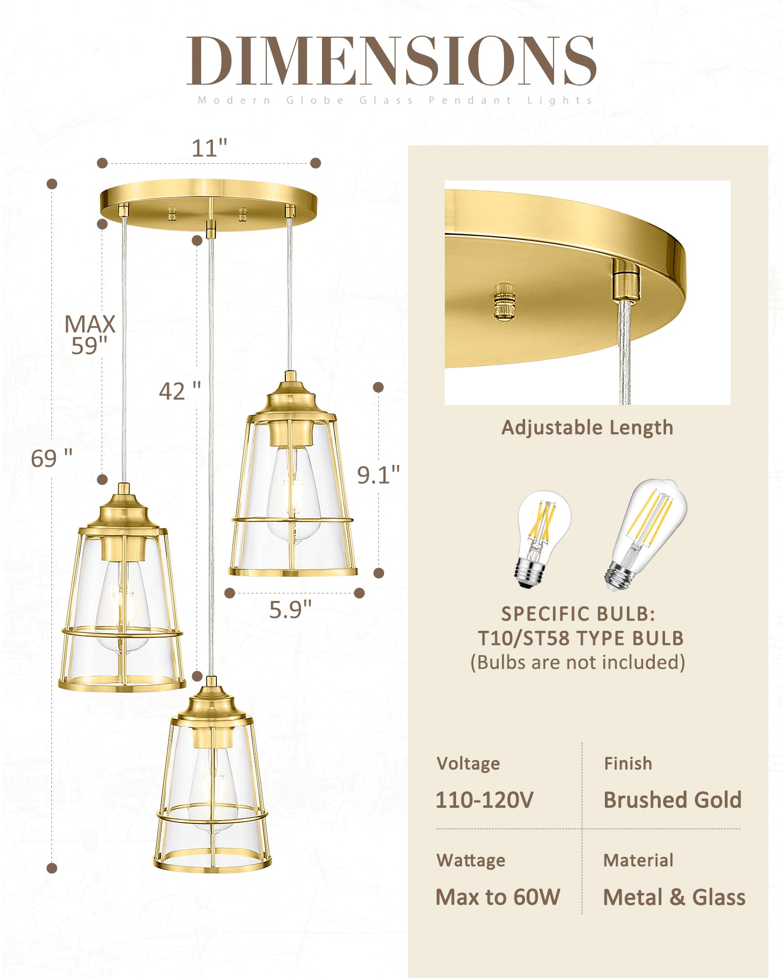 Jazava Gold Cluster Pendant Light Fixture, Modern Glass Hanging Light, 3-Light Cage Kitchen Island Lighting For Dining Room Livi