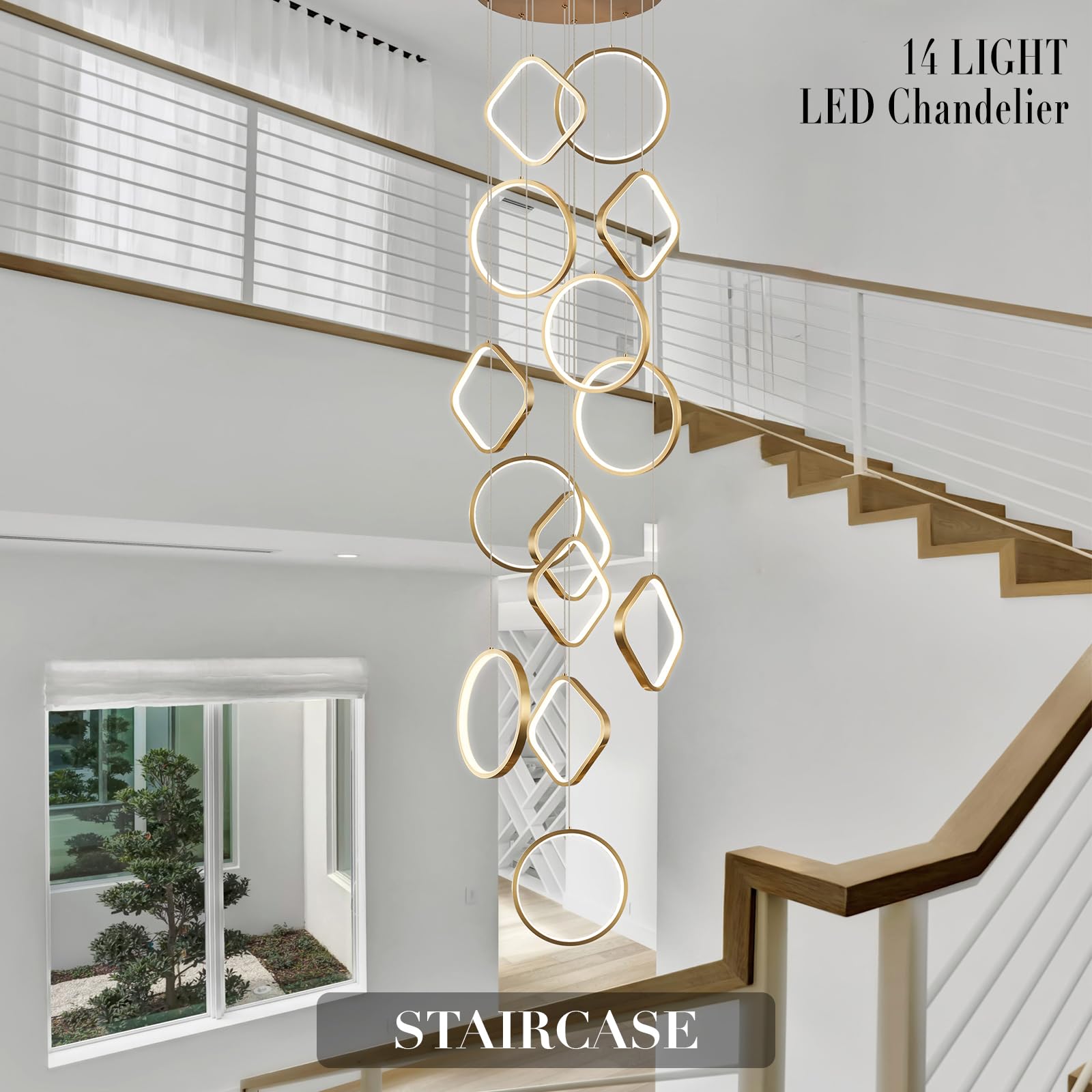AIRYPHANT Gold LED Chandelier, 14-Light Modern Design for High Ceilings, Dimmable, Model P2001-14GDC1