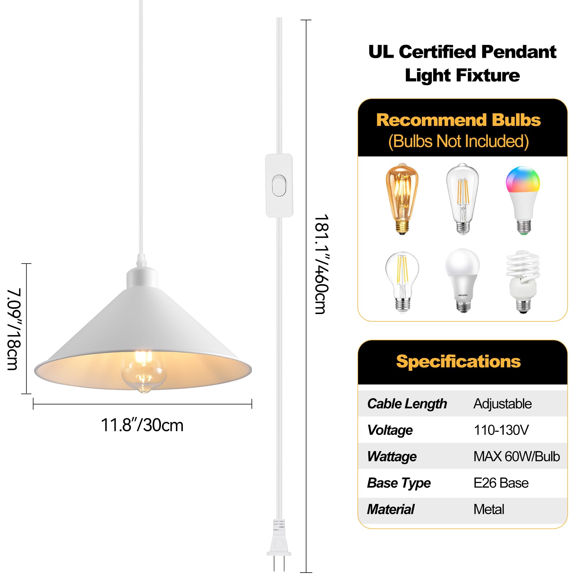 Aojunsansan Plug In Pendant Light 2 Pack Industrial Hanging Lamp White Vintage Pendant Lighting Fixtures With 15Ft Cord On/Off Switch For Kitchen Island Dinning
