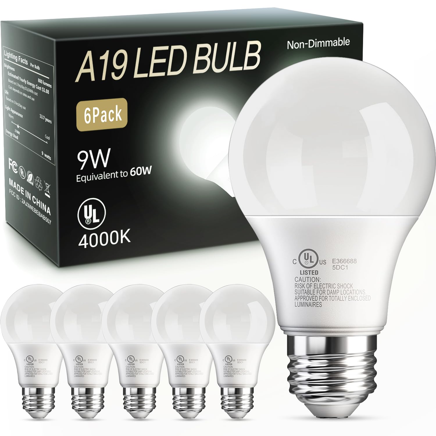 Tjoy 6 Pack A19 Led Light Bulbs, 60 Watt Equivalent Led Bulb, Efficient 9W, Cool White 4000K, E26 Standard Base, Neutral White L
