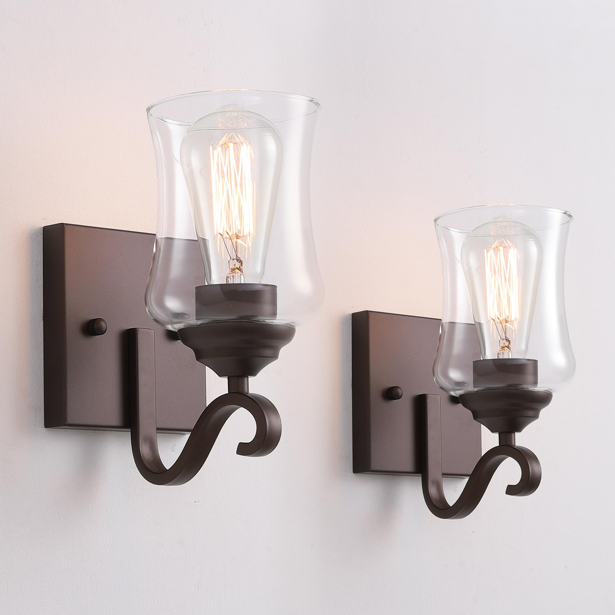 Woodafu Oil Rubbed Bronze Wall Sconces Set of Two, Bronze Farmhouse Bathroom Wall Sconces Set of Two with Clear Glass for Bathro