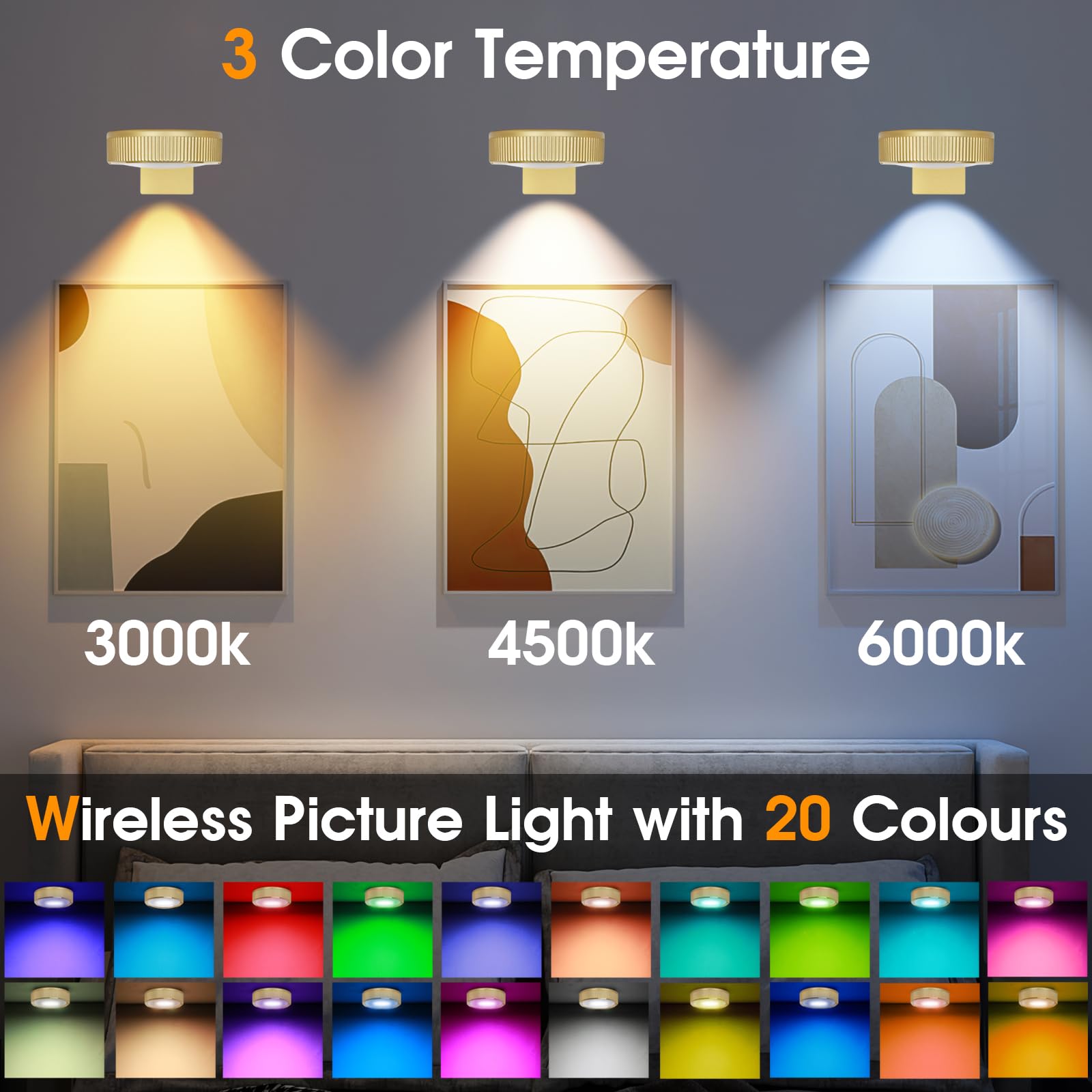 SIXDEFLY RGB Magnetic Suction Spotlight - Battery-Powered, Wireless, Remote Control - 3 Pack Gold