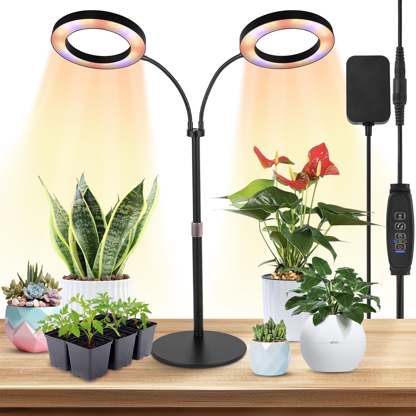 canvage Dual-Head Grow Lights for Indoor Plants, LED Full Spectrum Plant Lamp with Timer 3/9/12H, 10 Dimmable Levels, Flexible G