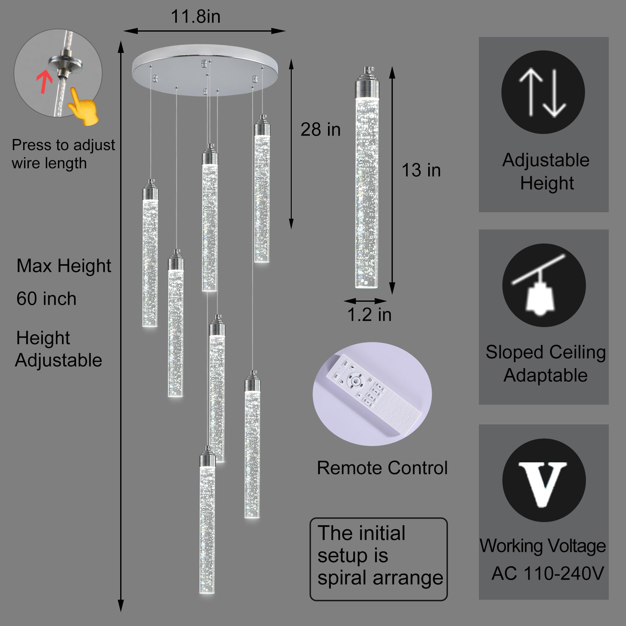 7-Lights High Ceiling Crystal Staircase Chandelier Chrome Pendant Lights Modern Spiral Raindrop Dimmable LED Bubble Cluster Ceil