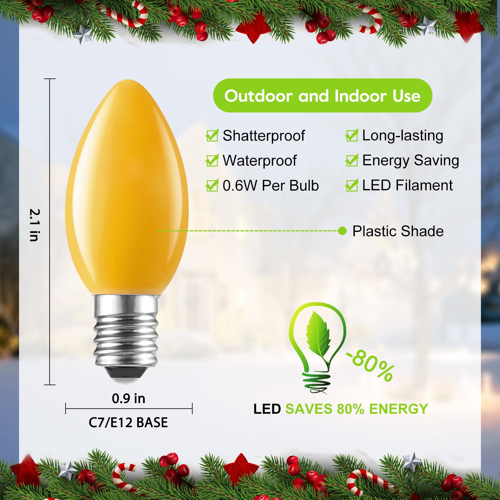 Minetom C7 LED Replacement Christmas Bulb, Dimmable, 25 Count, Multicolored, Waterproof, C7/E12 Base, UL Listed