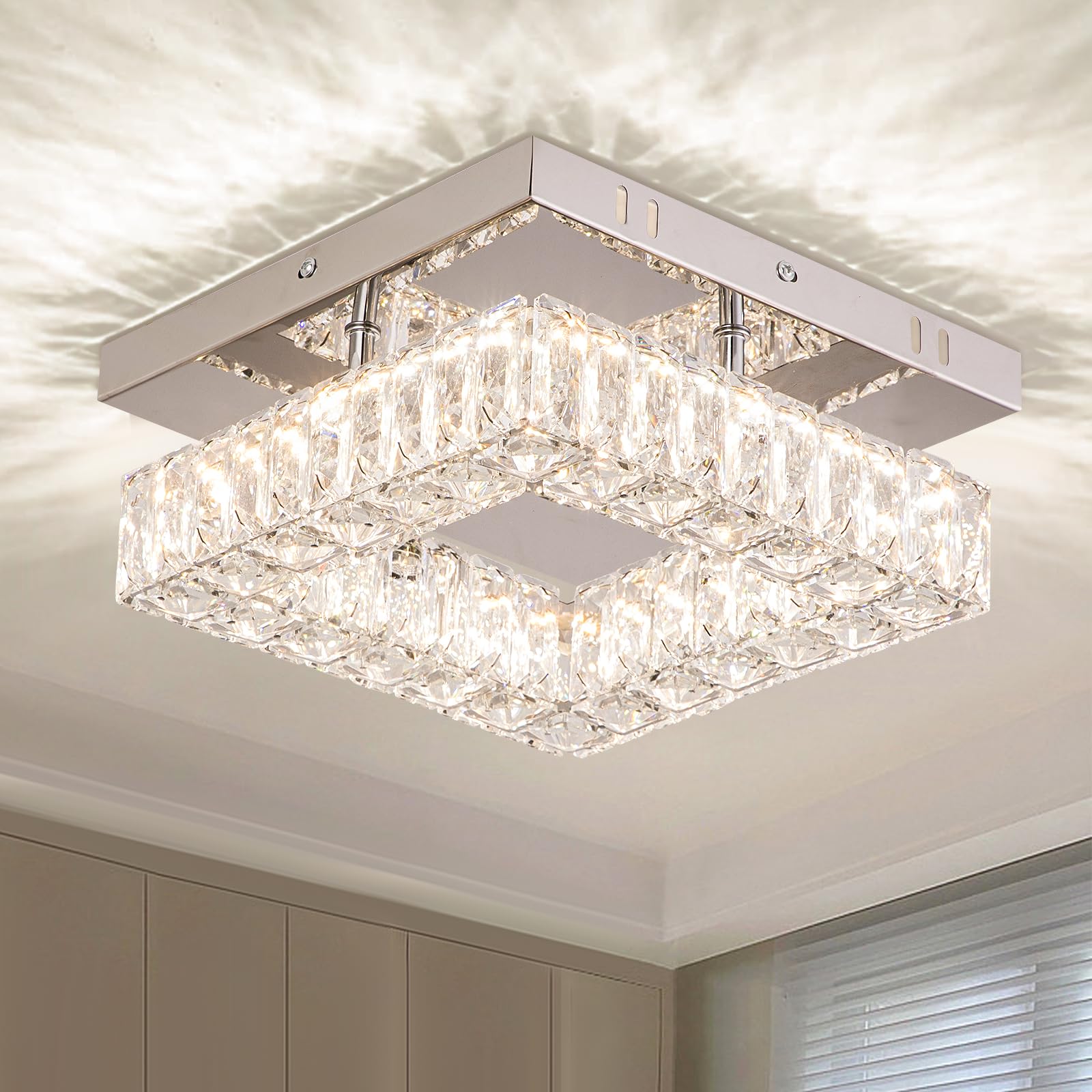 YPQXYHDA 9.8'' Modern Crystal Ceiling Light Fixture Mini Square Chandelier Flush Mount Light Fixture Ceiling Lamp for Small Hall