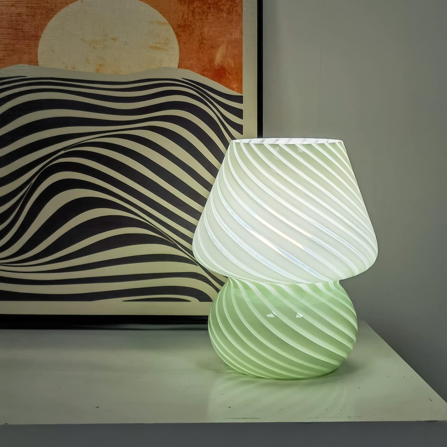jonong Bedside Lamp Glass Striped Mushroom Table Lamp with 3 Color Modes LED Small Decorative Table Lamp for Gift Present,Suit f