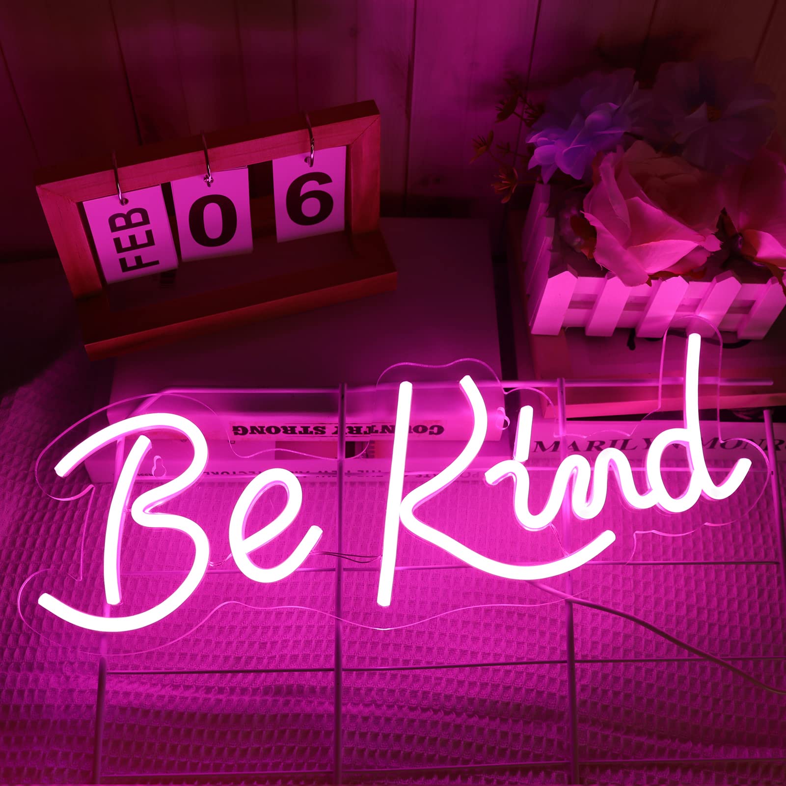 JFLLamp Neon Wall Sign - Be Kind, 17.5 x 7 inches, Pink, Acrylic and Glass, Model BK-Pink, Perfect for Bedroom and Living Room Decor