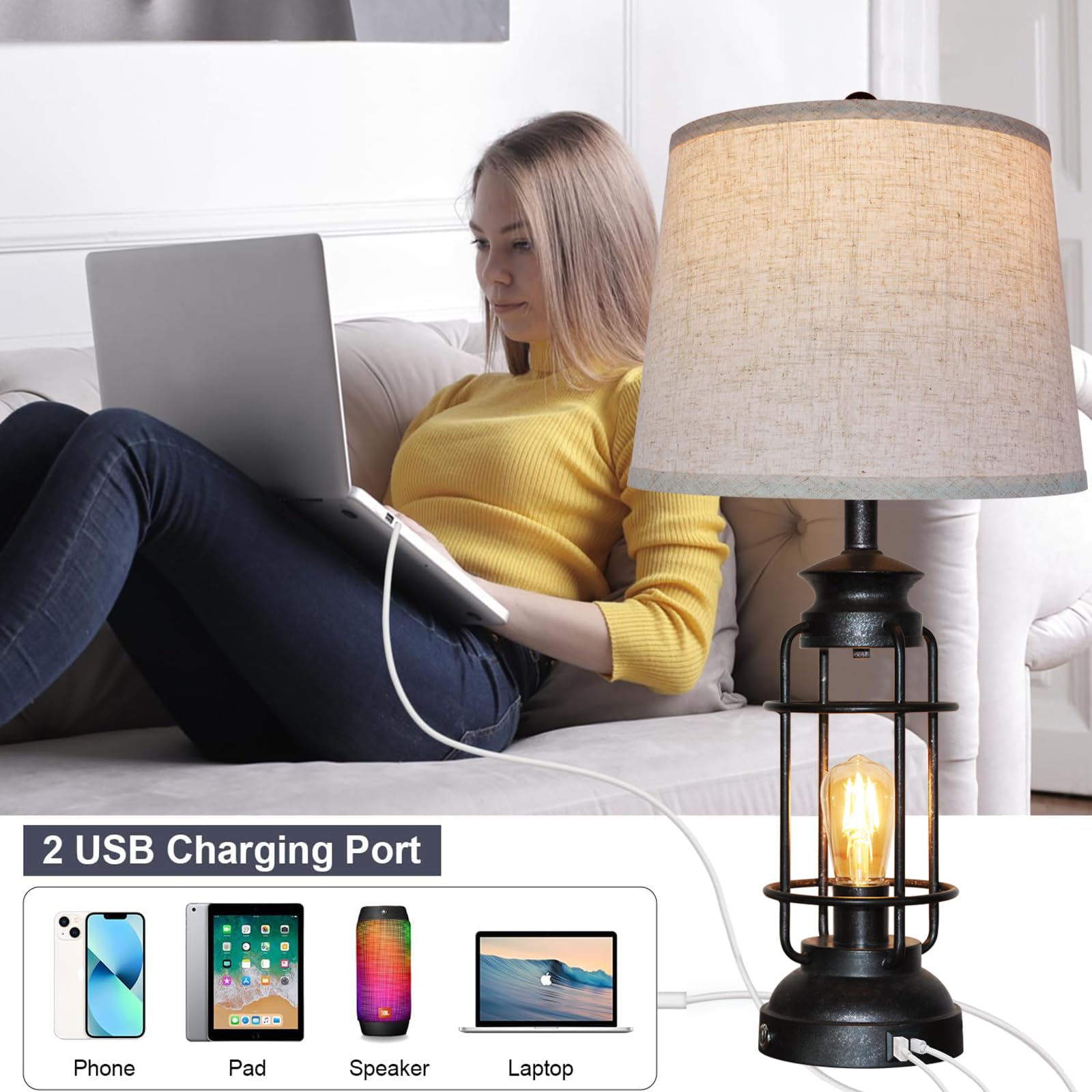 Table Lamps Set Of 2 With Usb Port 3 Way Dimmable Touch Lamps 28.5'' Tall Rustic Industrial Living Room Lamps For Bedroom Bedsid