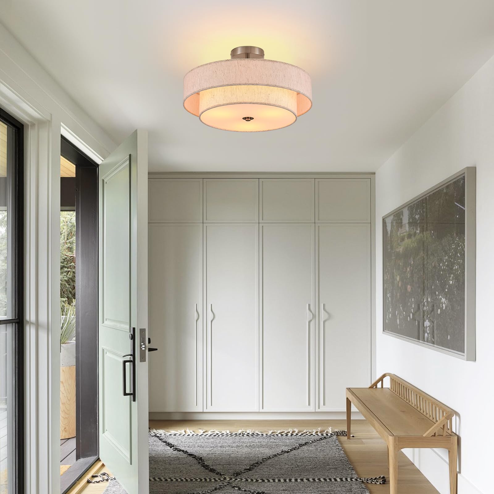 Widluth 18 Semi Flush Mount Ceiling Light 3-Light Modern Linen Drum Ceiling Lighting With Chrome Finish  Vintage Ceiling Light For Living Room  Kitchen  Basement  Laundry Room  Bedroom