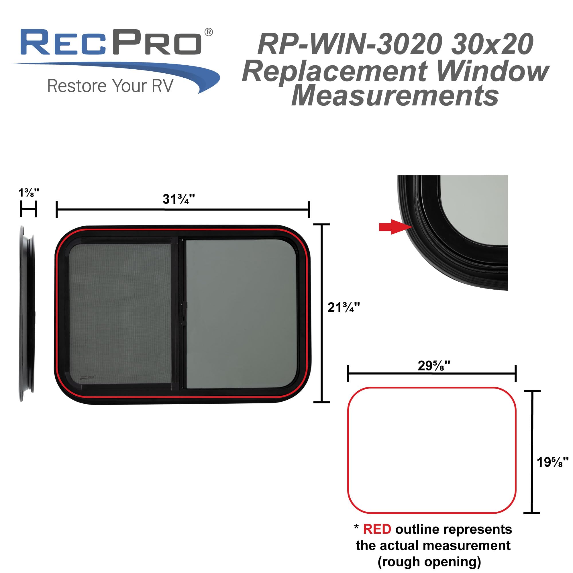 RecPro RV Window Replacement - 30"W x 20"H, Teardrop Style, Horizontal Sliding, Black, Glass, Model RP-WIN, Made in USA