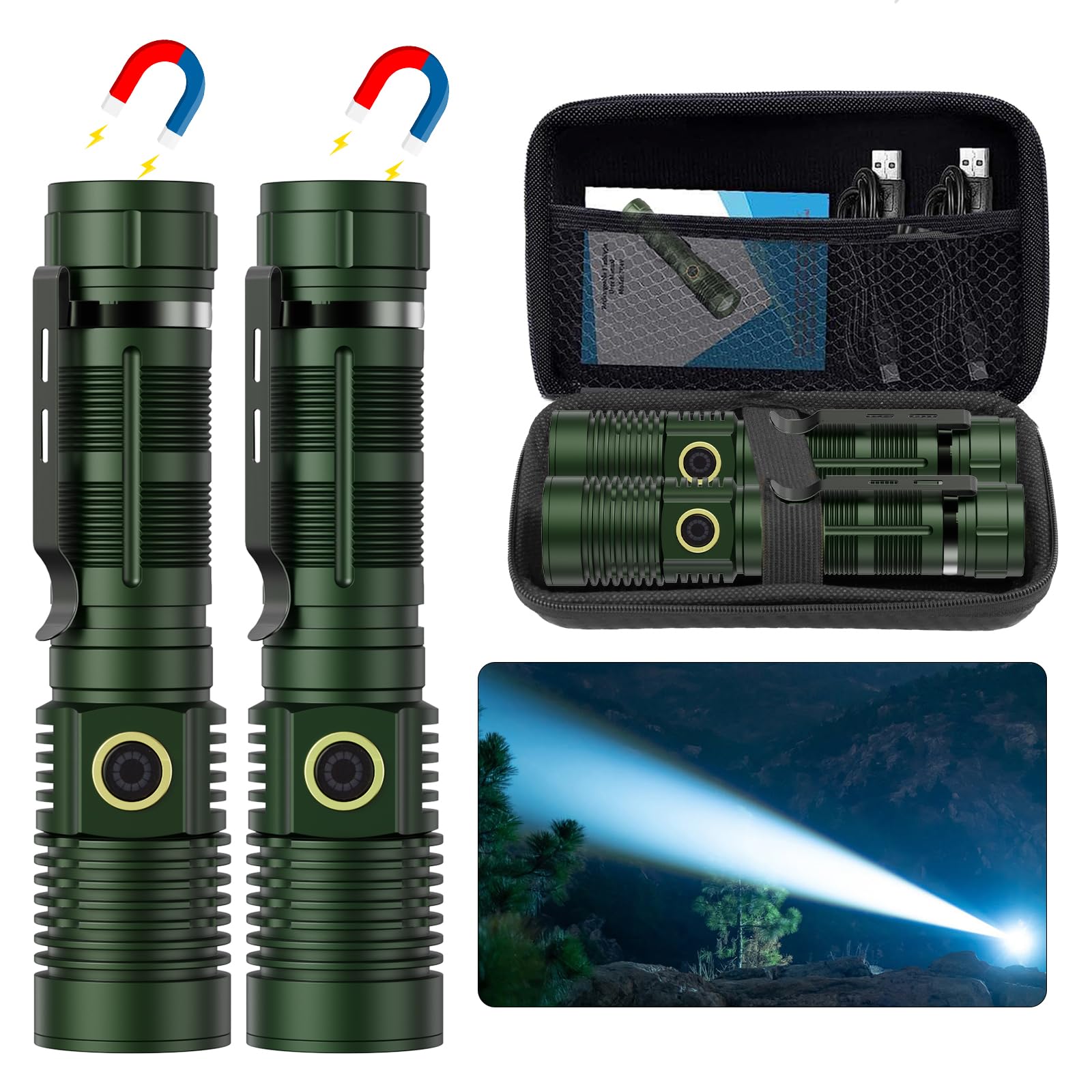 Small Tactical Flashlights 20000 High Lumens - 1500 Meters Long Beam Super Bright LED Magnetic Flashlight USB Rechargeable Zooma