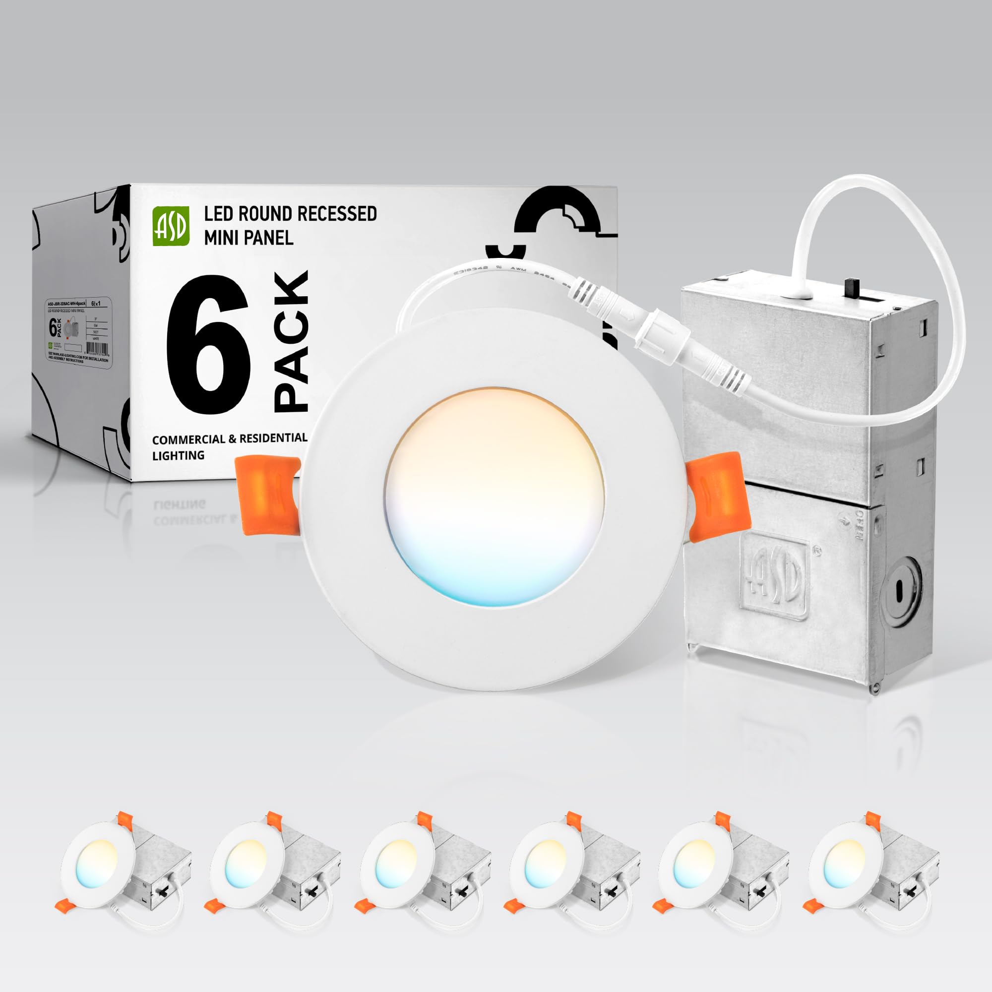 Asd 6 Pack 3 Inch Led Recessed Light 6W  5 Cct 2700K-5000K Cri90+  Ic Rated Ultra Thin Dimmable Ceiling Lights With J Box  Canless Wafer Downlight  Round Slim Panel Lighting  Ul Energy Star  White