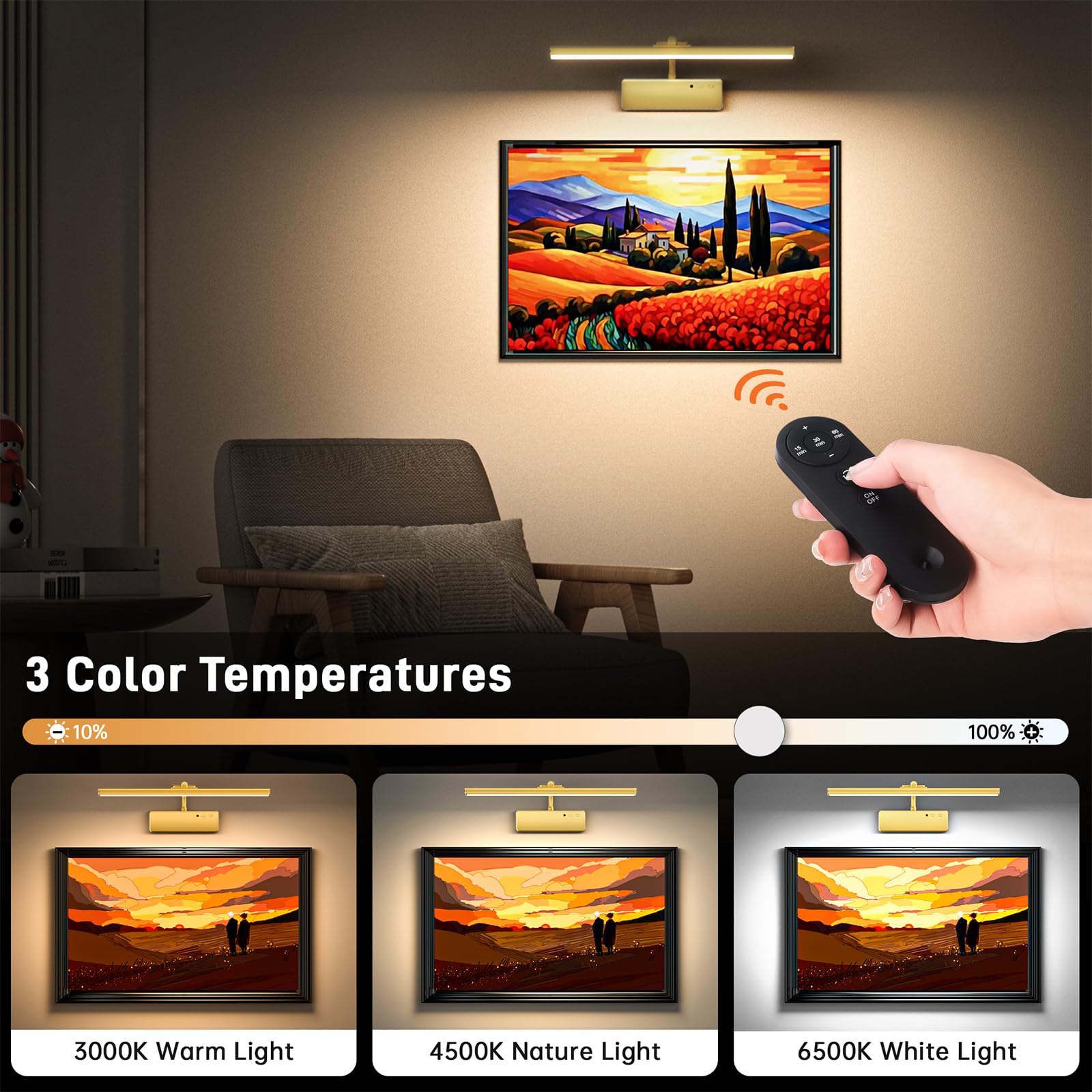 Racokky 15.35 Wireless Picture Light - Rechargeable 5400mAh Battery, Remote, 3 Color Art Lighting, Dimmable, Gold Finish for Paintings