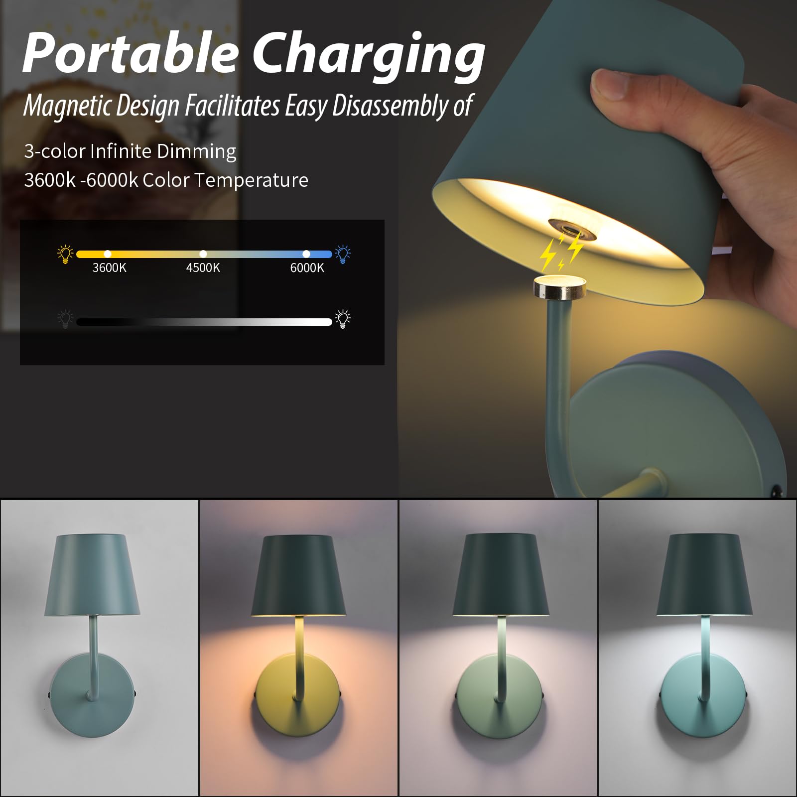 IMQSQIK LED Wall Lamp Set of 2, Rechargeable 5600mAh, Touch Control, Metal, Blue, Model RQ-14-2Pack