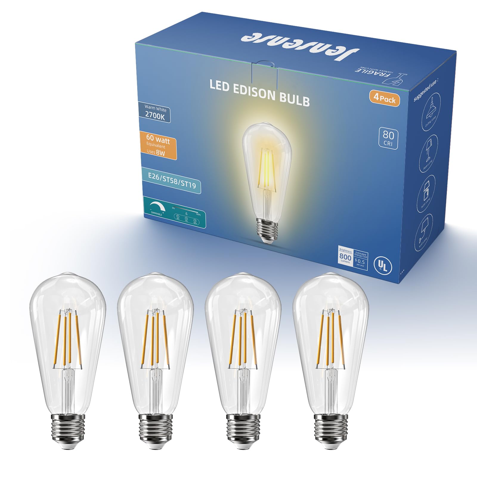 Jensense Edison LED Light Bulbs 8Watt Dimmable, 2700K Warm White, E26 Base, 60watt Equivalent, Vintage Bulbs 800lm CRI 90 Clear 