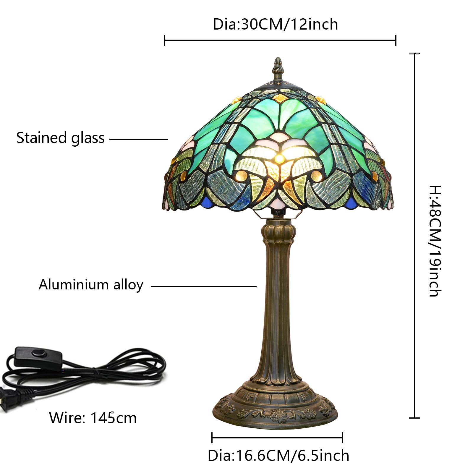 Blivuself Tiffany Lamp - Green Liaison Stained Glass Table Lamp, 12" W x 18" H, Antique Metal Base for Living Room & Bedroom