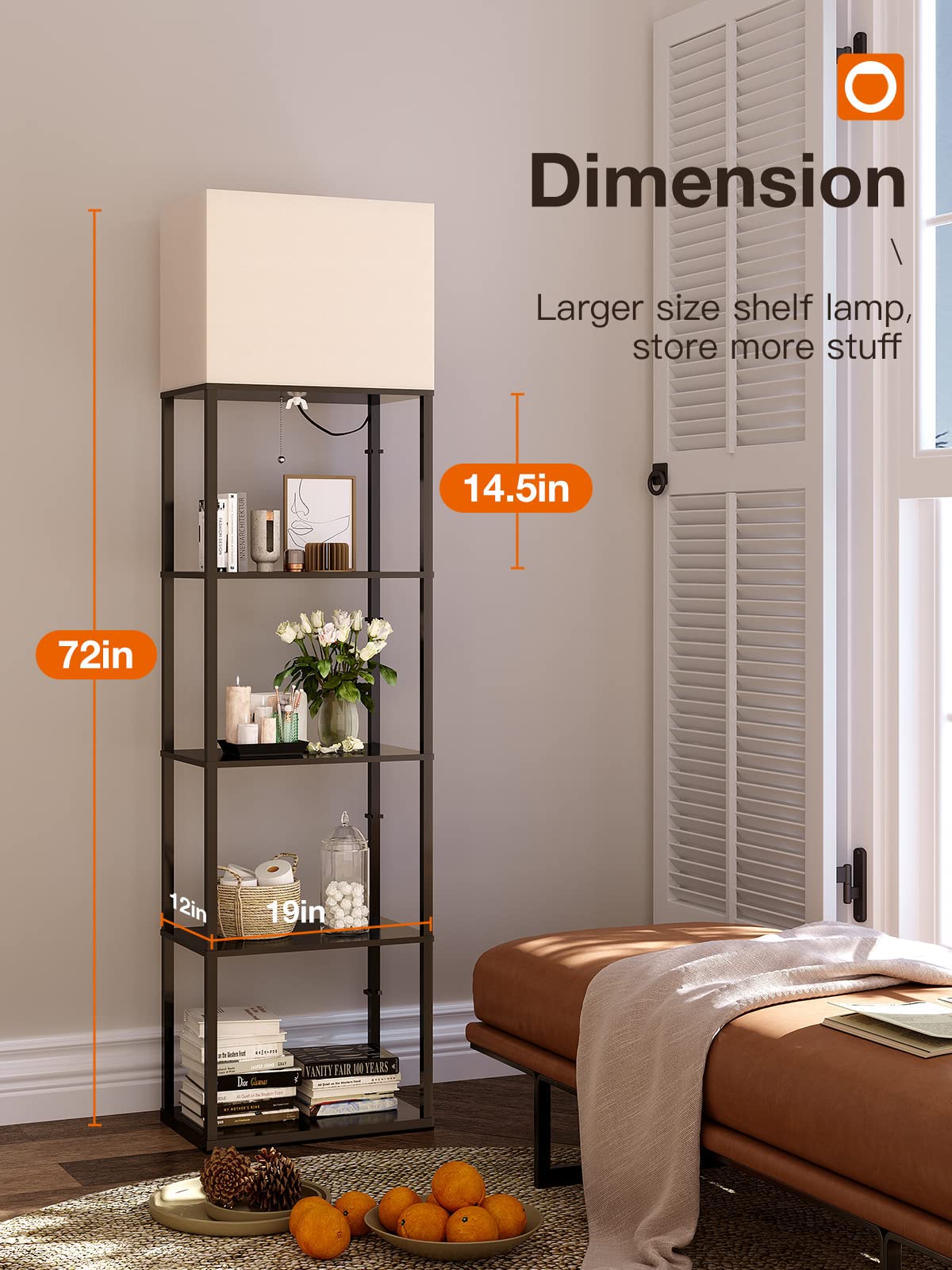addlon Floor Lamp with Shelves, 19in W, 5-Tier, LED Bulb, Black, Modern Design for Living Room, Bedroom, Office