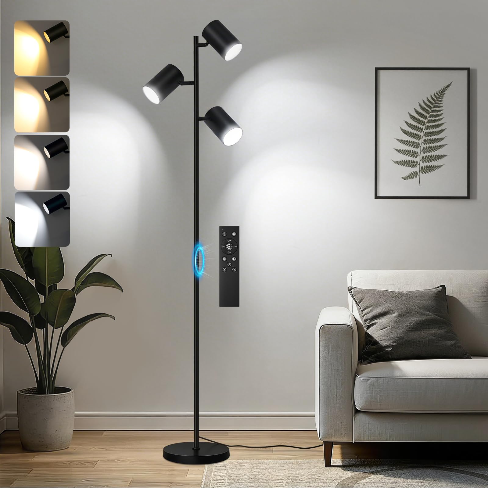 4000LM LED Tree Floor Lamp, 36W Super Bright Reading Lamp with Remote, Dimmable Tall Standing Light with 3 Rotatable Heads & 6 C
