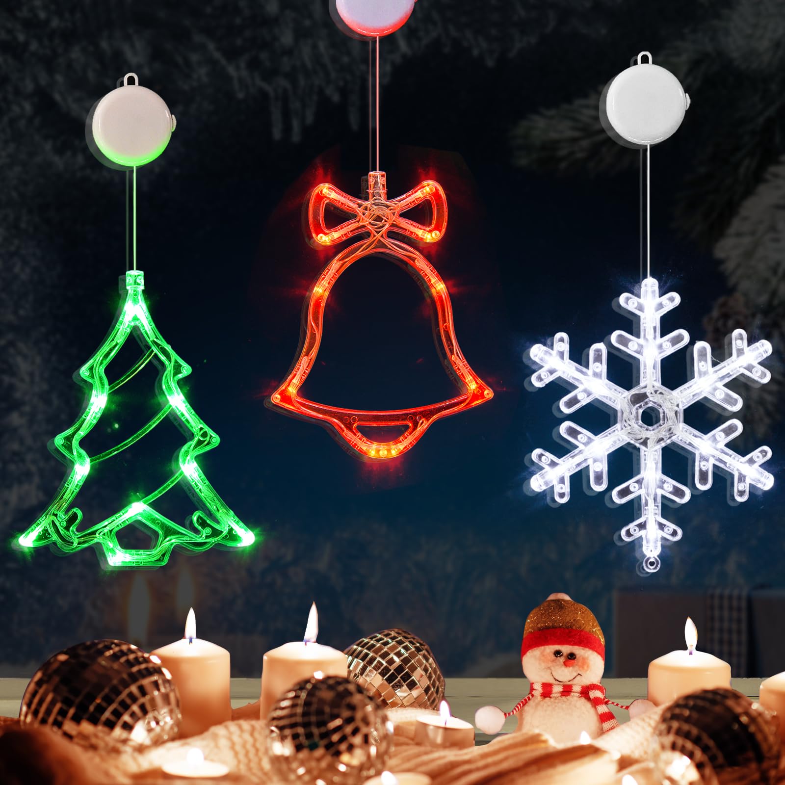 LOLStar Christmas Window Decorations,3 Pack Jingling Bell,Christmas Tree,Snowflake Christmas Window Lights with Suction Cup, Tim