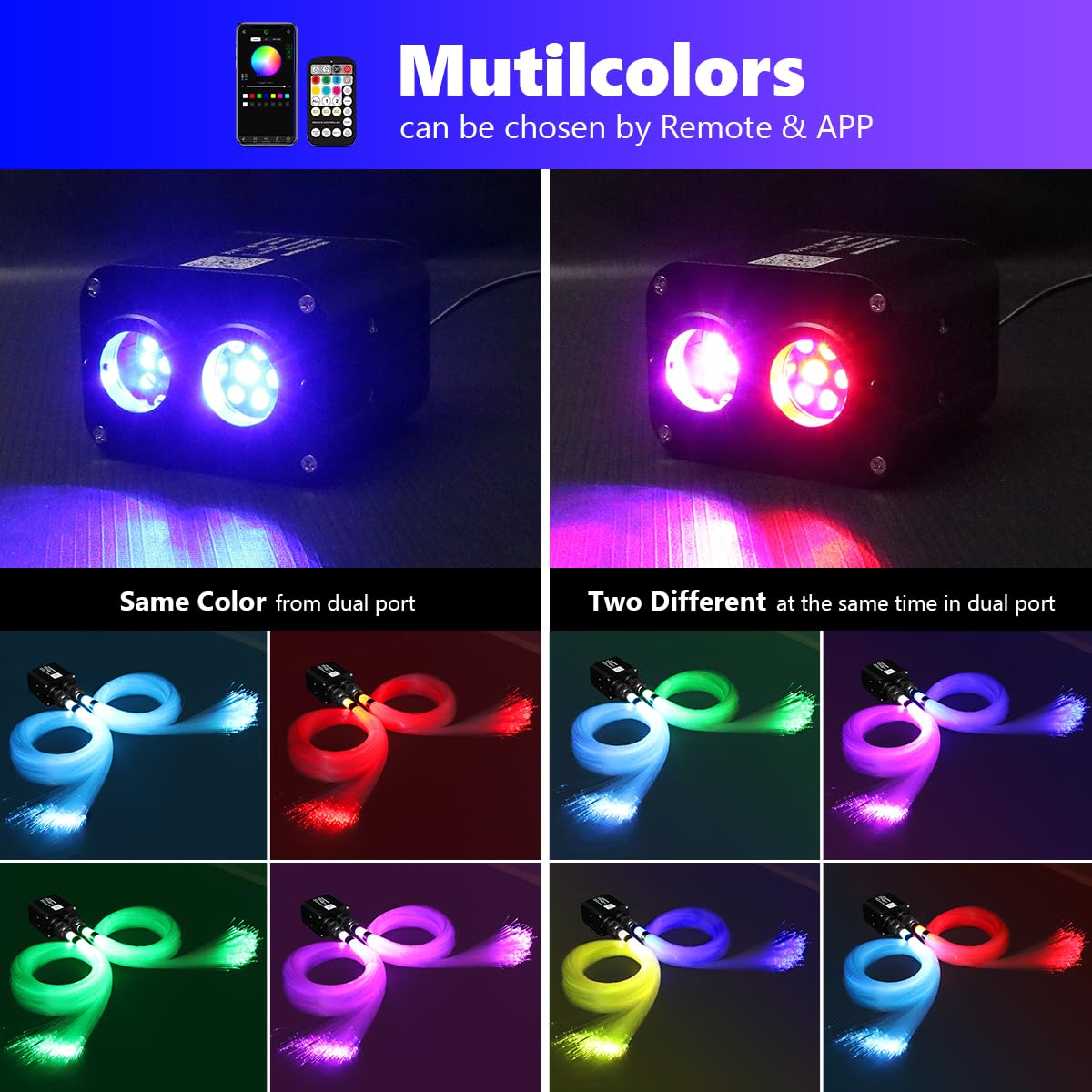 Amki Dual Color 20W Twinkle Starlight Headliner Kit 1300Pcs*0.03In 9.8Ft Cables+ Rgb Meteor Shooting Star Fiber Optic Light Sound Activated App/Remote Control For Car Roof Home Ceiling