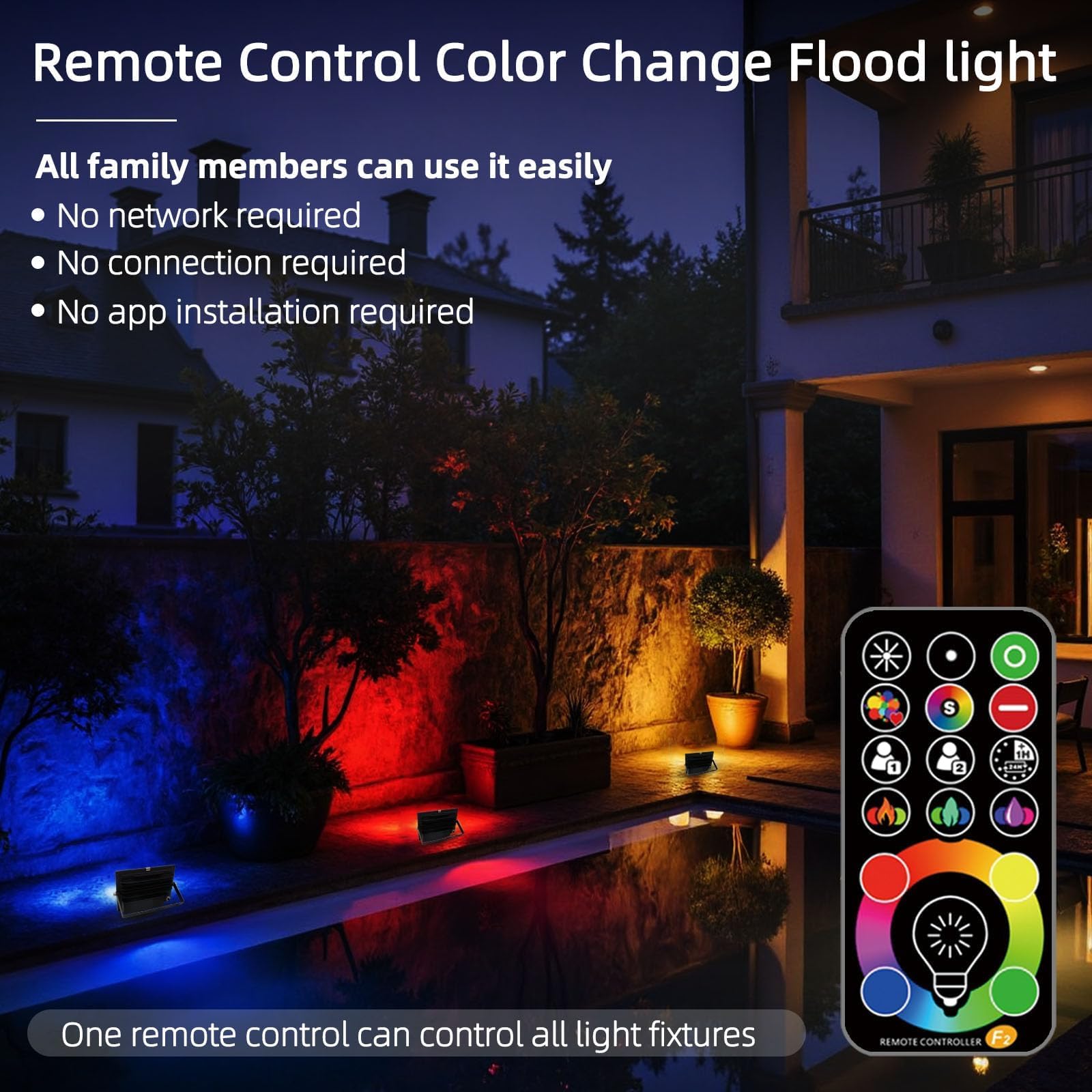 HEKEE 50W RGB LED Flood Light - 5000 Lumens, IP66 Waterproof, 2 Pack, Black, Aluminum, DIY Strobe Mode, 120 Colors, Model HU-X