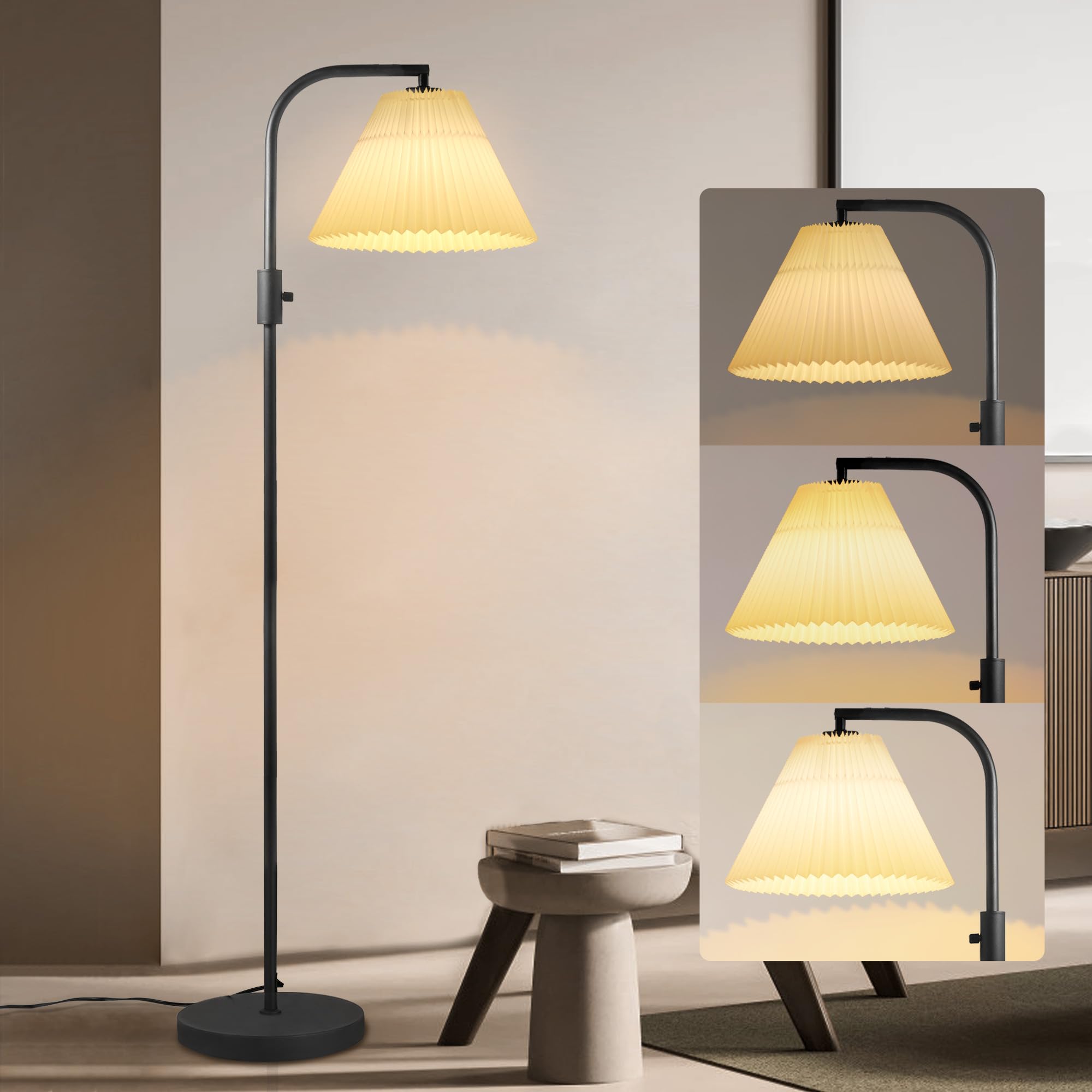 Coff Dimmable Floor Lamp, Arc Standing Lamp With 1000 Lumens Led Edison Bulb Included, Pleated Shade Modern Tall Pole Lamp For Living Room, Bedroom, Office, Color White