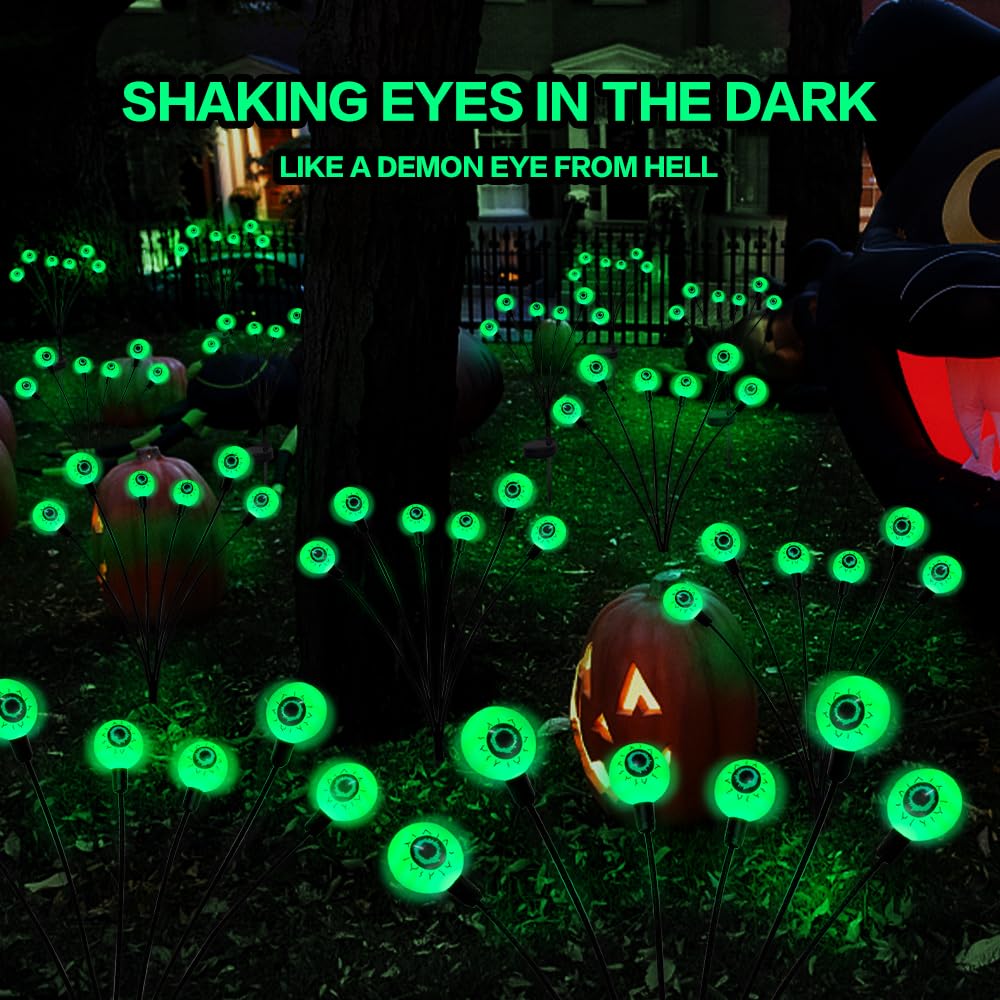 Behiller Solar Halloween Eyeball Lights, 12 Led Green Swaying Firefly Path Decor, 2-Pack