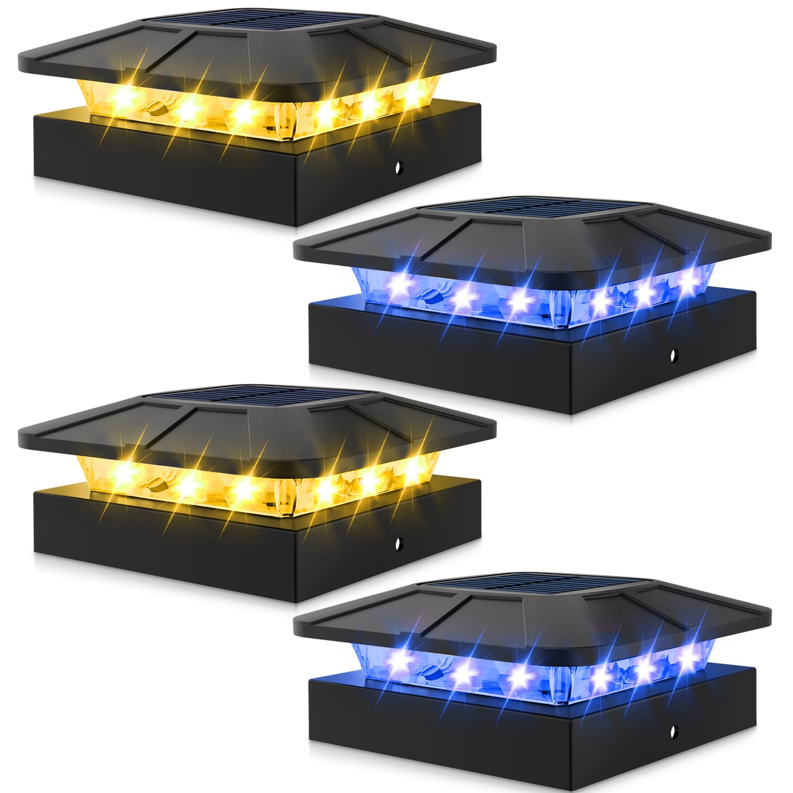 Peasur 4 Packs 4X4 Solar Post Lights Outdoor  Blue & Warm White Led Fence Caps Light Waterproof  Wood & Vinyl Post Top Lighting For Deck Mailbox Railing Porch Outside