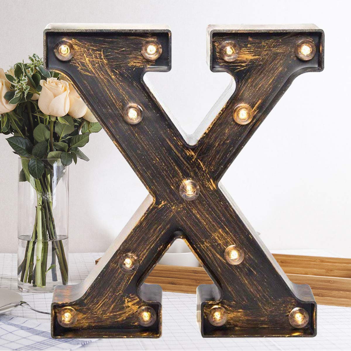 OYCBUZO Golden Black Led Marquee Letter - Industrial, Vintage Style Light Up Alphabet Letter Sign for Cafe Wedding Birthday Party Christmas Lamp Home Bar Initials Decor - X