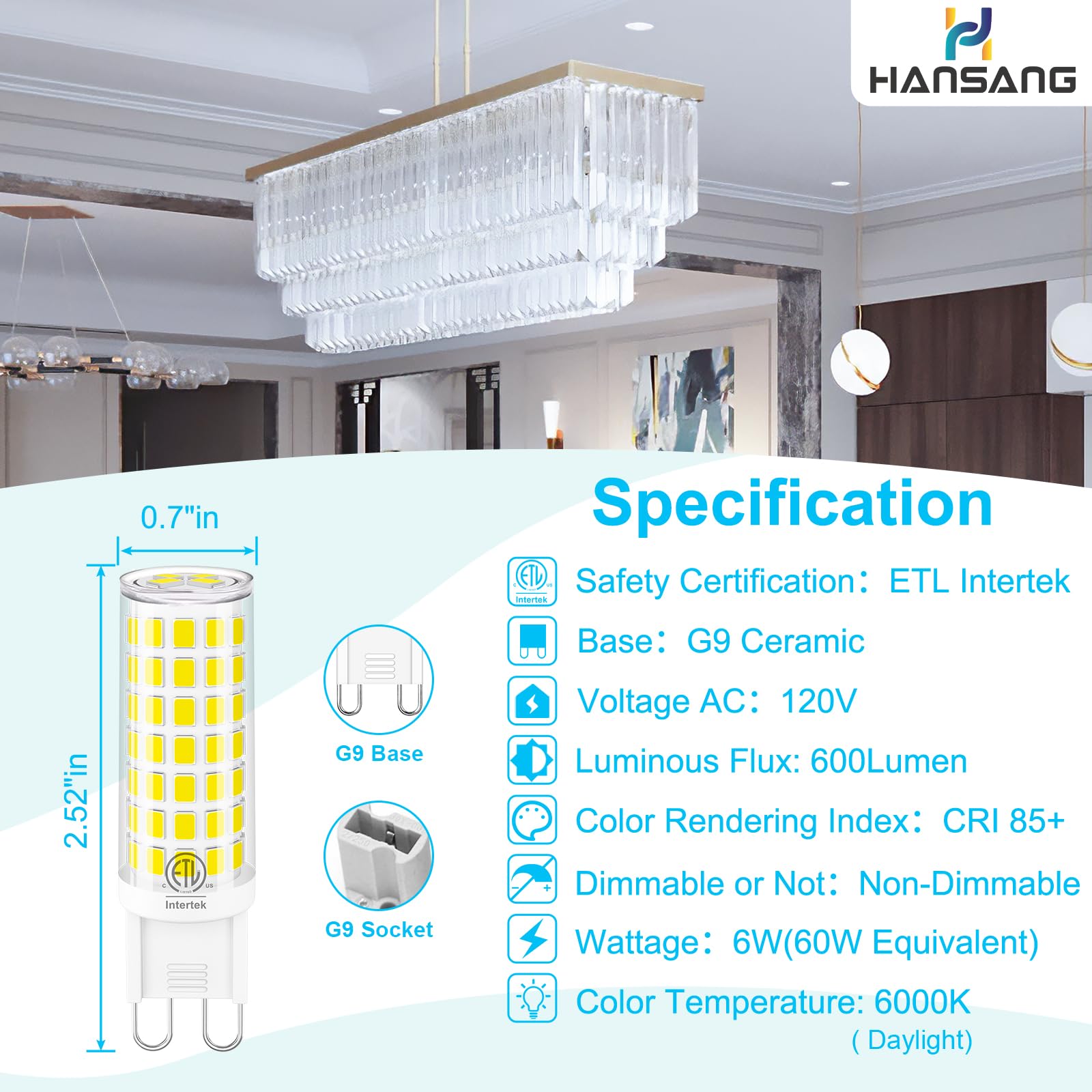 hansang G9 LED Light Bulb 6W, 6000K Daylight White, Non-Dimmable, 600LM, Pack of 6, Ceramic Base