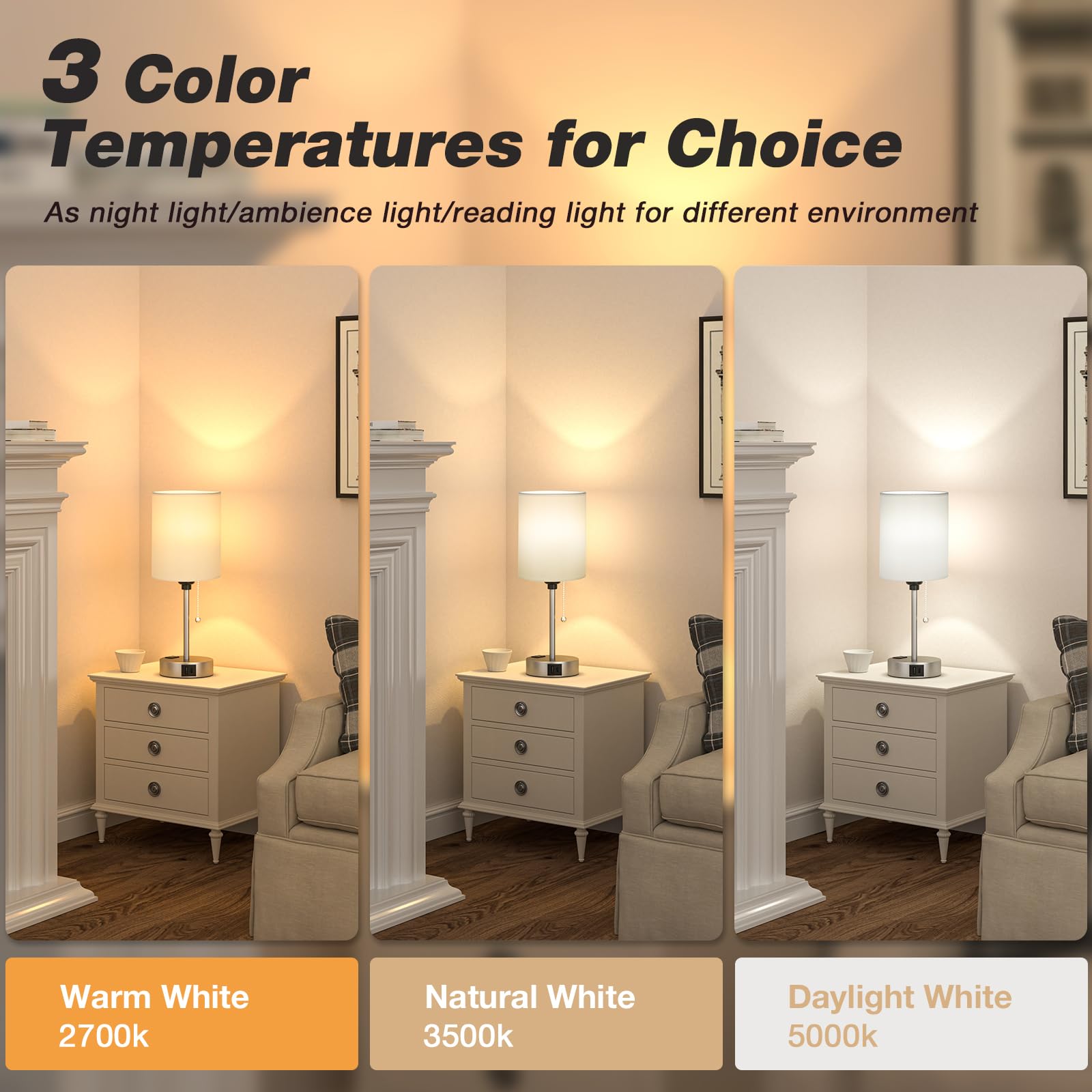 Dicoool Bedside Lamp - 3 Color Temperatures, USB C & A Ports, Silver Metal Base, 14.6in, White-Silver, Model 15-12