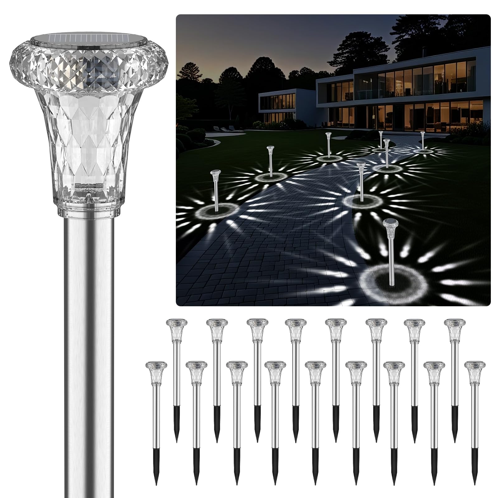 Mini Solar Pathway Lights Outdoor 18 Pack Waterproof Upgraded Bright Led Solar Garden Lights Stainless Steel Solar Powered Landscape Lighting Decor For Outside Yard Lawn Walkway Patio-Cool White
