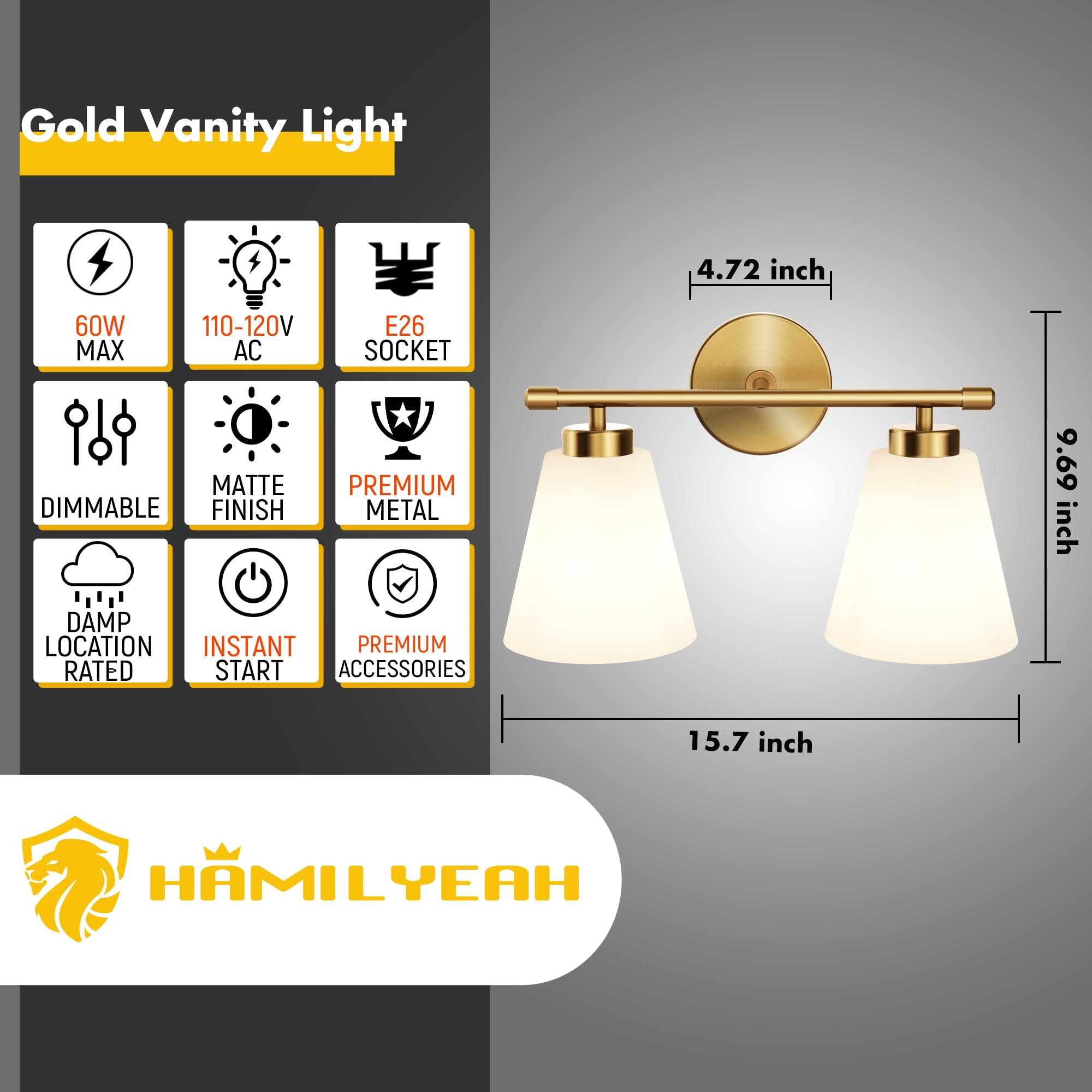 Hamilyeah Gold 2-Light Bathroom Vanity Light Fixture With Frosted Glass Shade, Wall Lamps