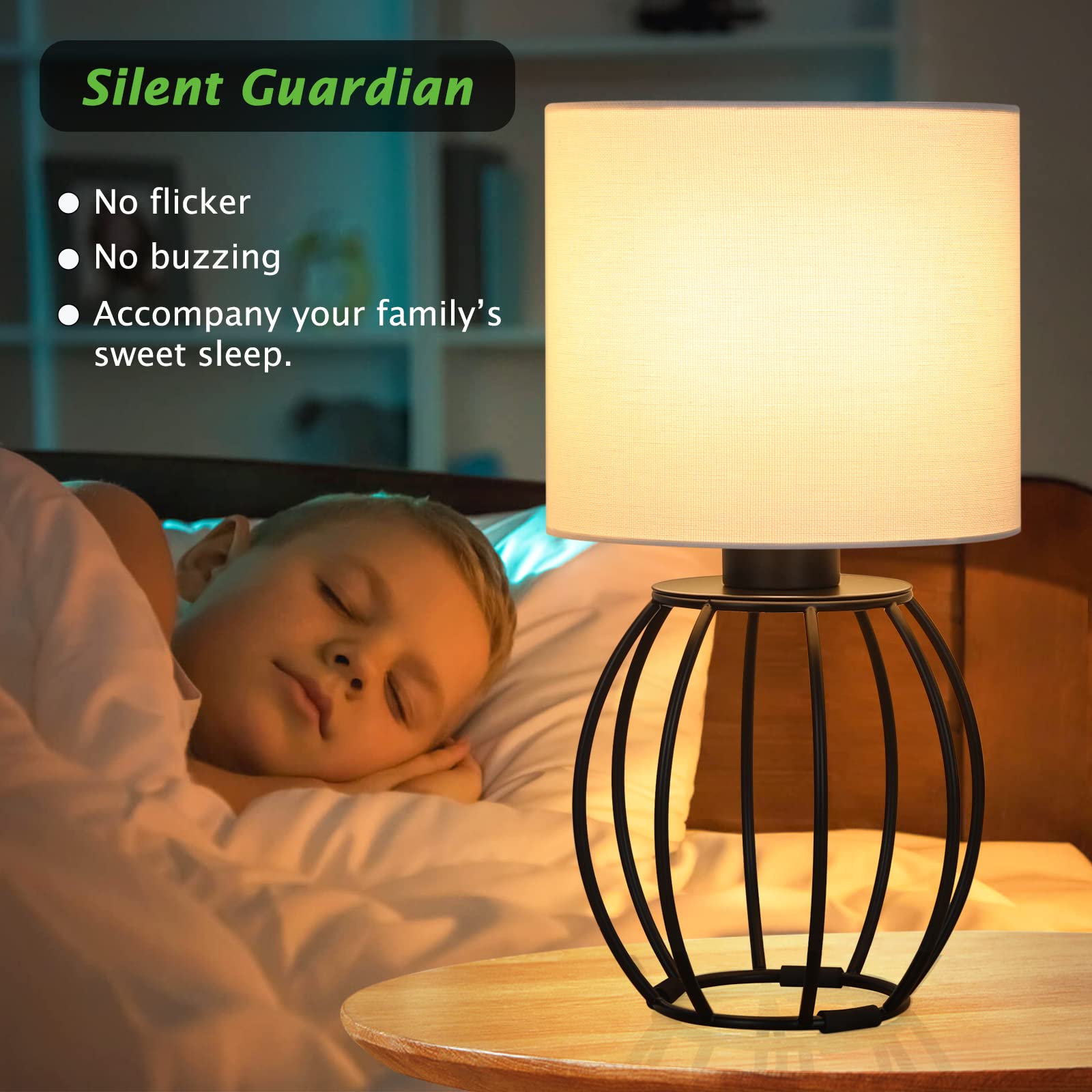 Brightever Set of 2 Table Lamps for Bedroom, Modern Bedside Nightstand Lamps with White Fabric Shade and Black Metal Base, Small