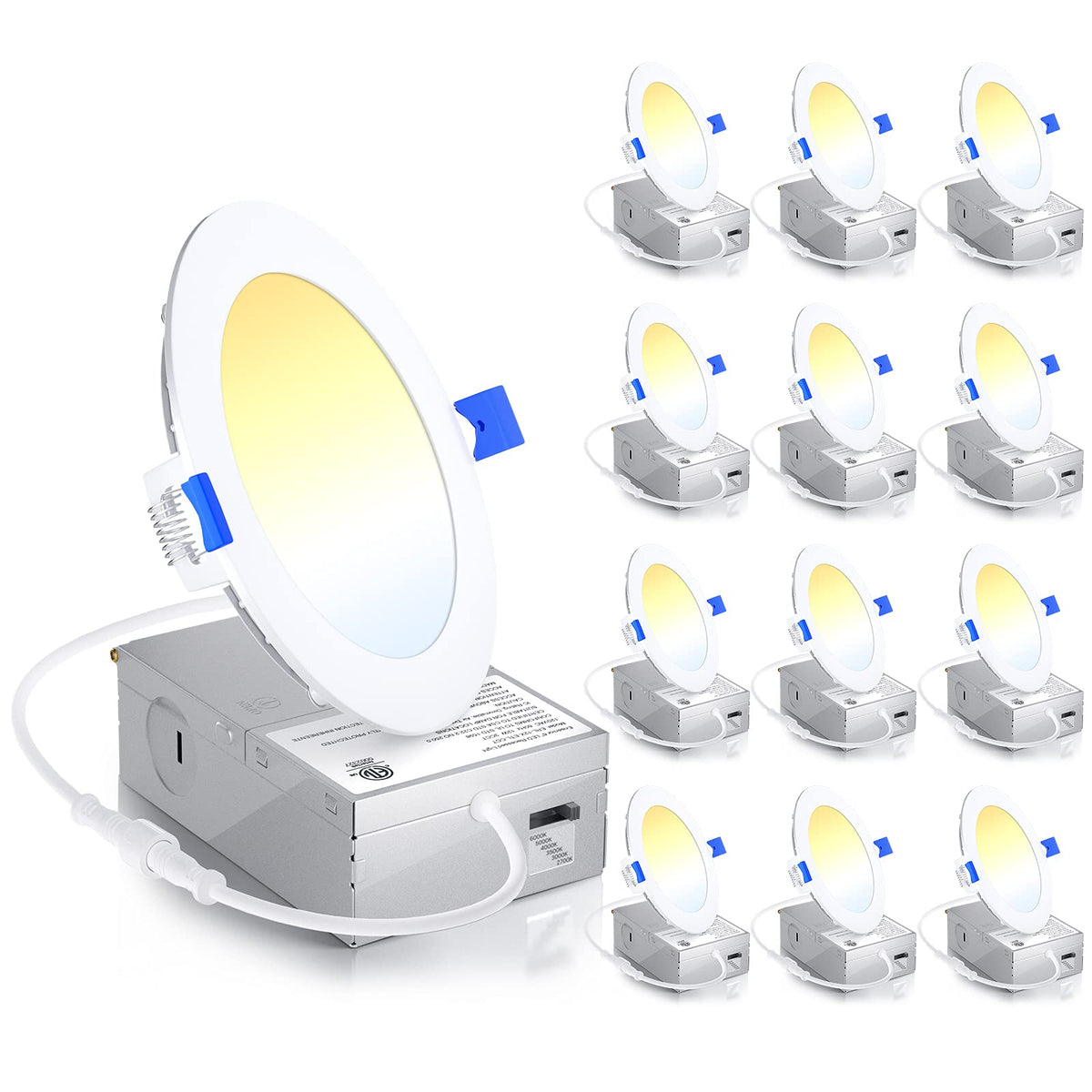 Ensenior 12 Pack 4 Inch Ultra-Thin Led Recessed Light With Junction Box, 2700K-6000K Selectable, 9W 75W Eqv, Dimmable, 750Lm Hig
