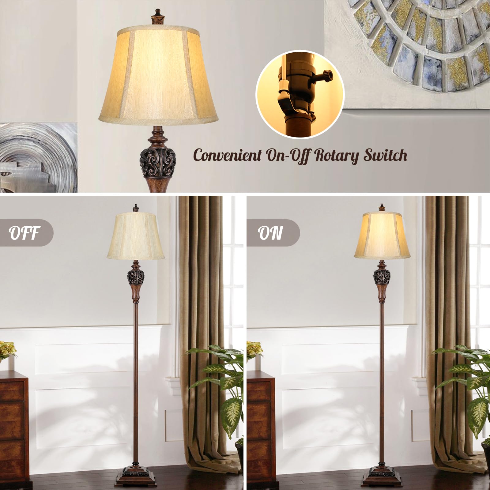 Sucolite Vintage Floor Lamp - Tall Antique Style with Cream & Brown Faux Silk Shade, Model AC029 for Living Room & Bedroom Decor