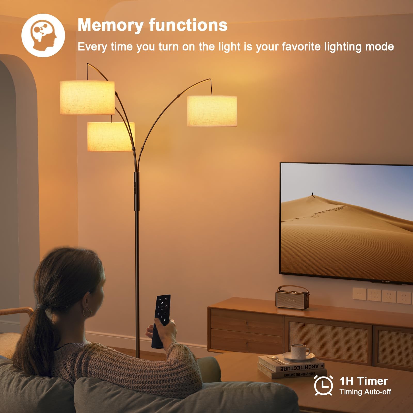 SIBRILLE 36W Dimmable Corner Floor Lamp - 3 Lights, Remote & Touch Control, 73.6" Black-Beige Linen, Model BP-F030