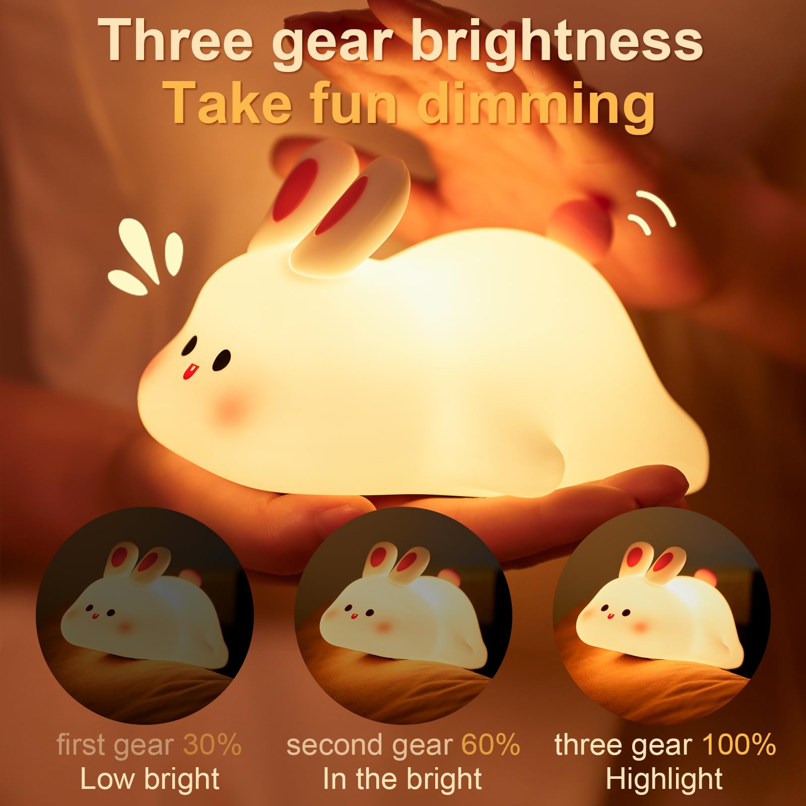 Beszeith Rabbit Night Light - Dimmable Silicone Bunny Lamp, Rechargeable, Cute Bedside Decor for Kids, Model K-1153, Color A-Rabbit