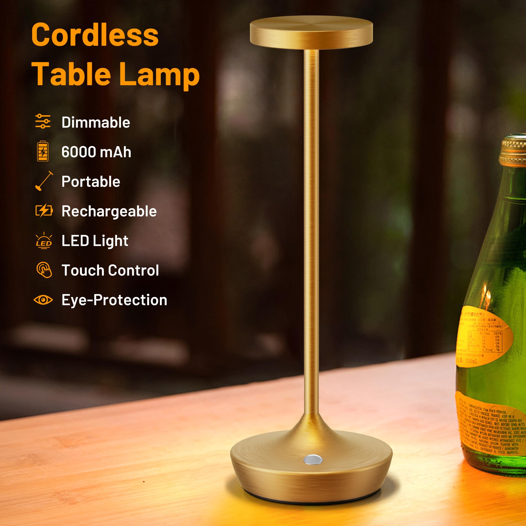 YHT Cordless Table Lamp, Rechargeable LED Desk Lamp, Waterproof 3-Color Touch, Gold 2P, Model X86